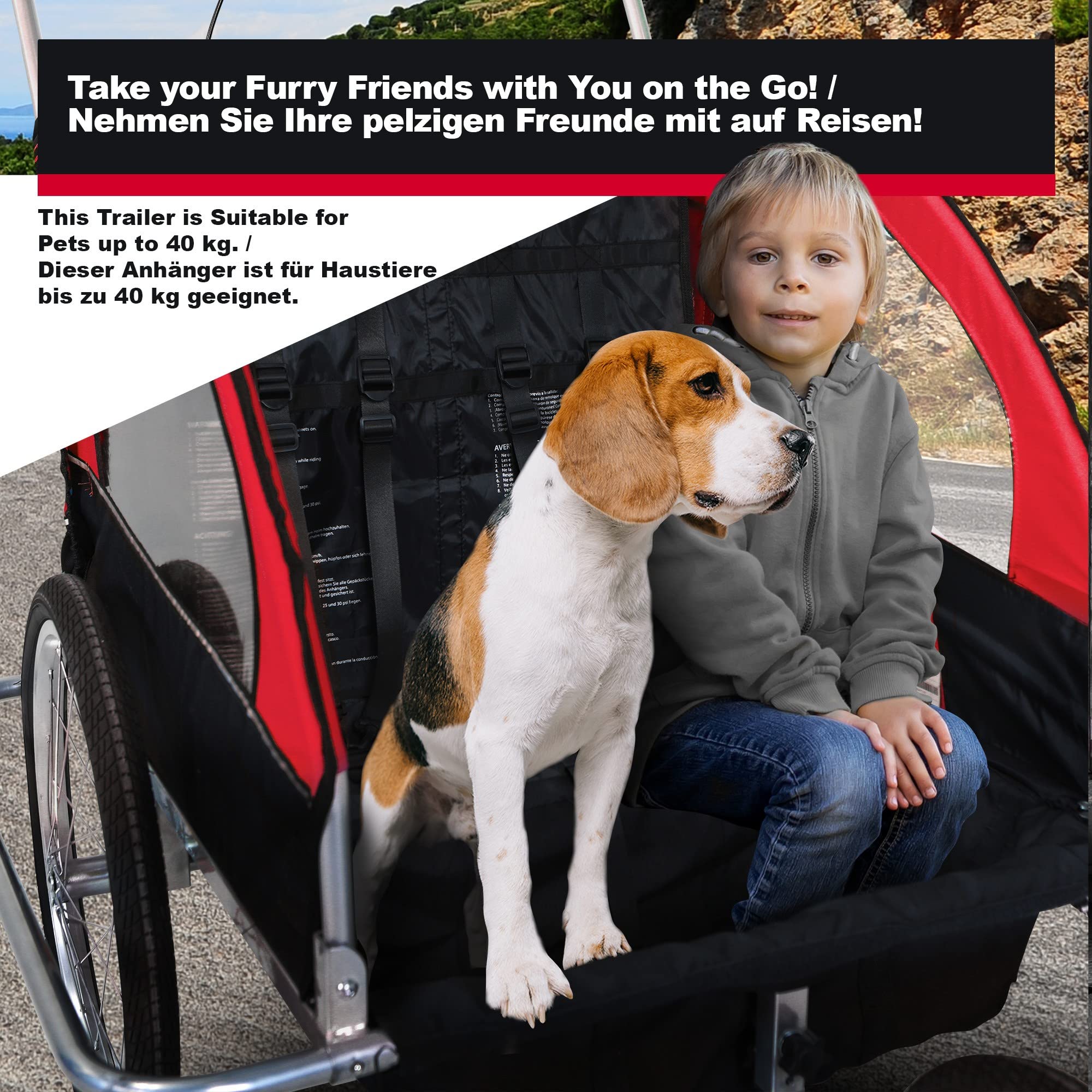 Jago® Rimorchio per Bicicletta - 2 Posti, da Bambini 12+ Mesi, Fissaggio a 5 Punti, Pieghevole, Tasche Laterali, Carico Massimo 40kg, in 3 colori - Carrellino Cani, Passeggino