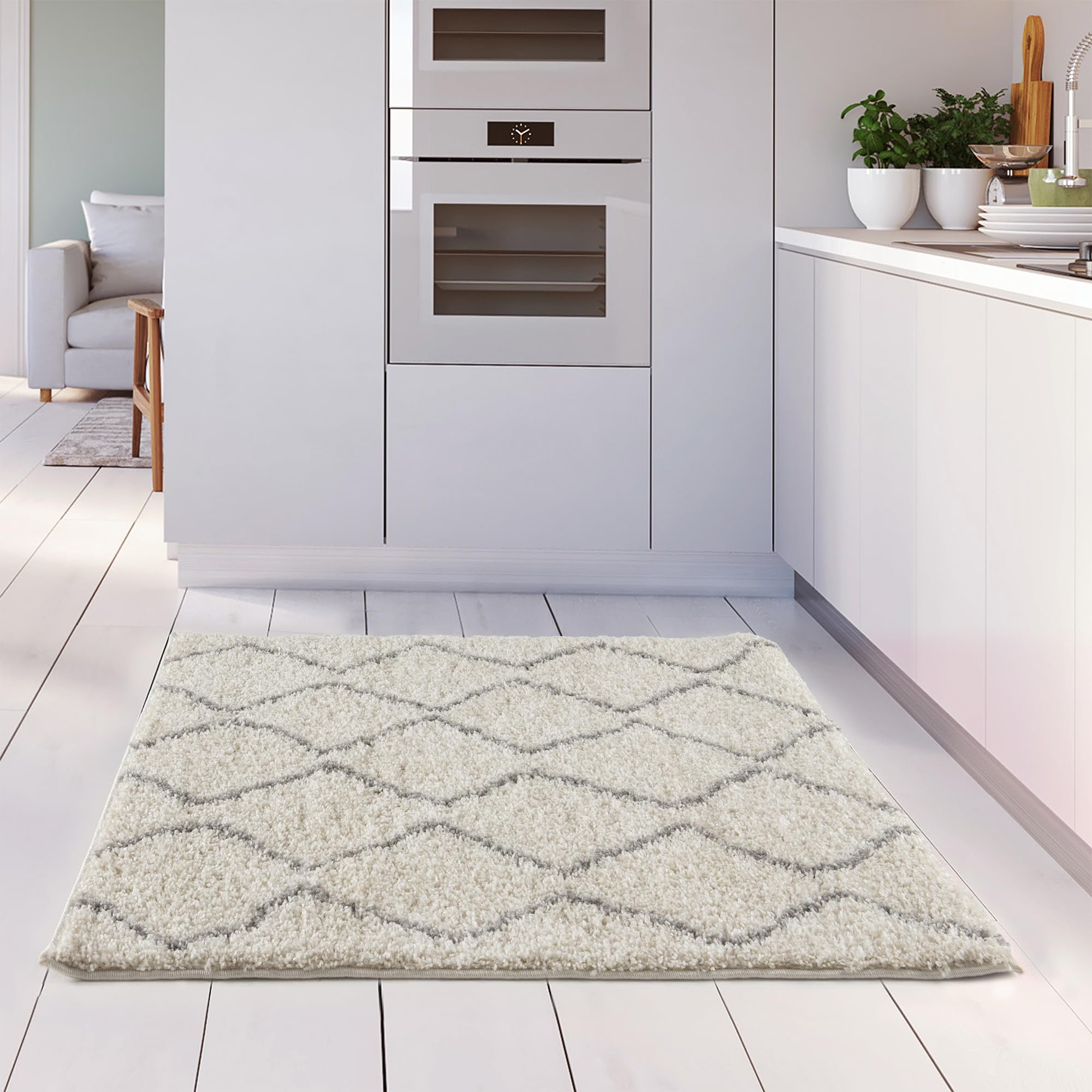 THE RUGS Modern Moroccan Design Living Room and Bedroom Rugs, Non-Shedding & Easy Care (Boho Ivory/Grey, 120 cm Square) - Image 4