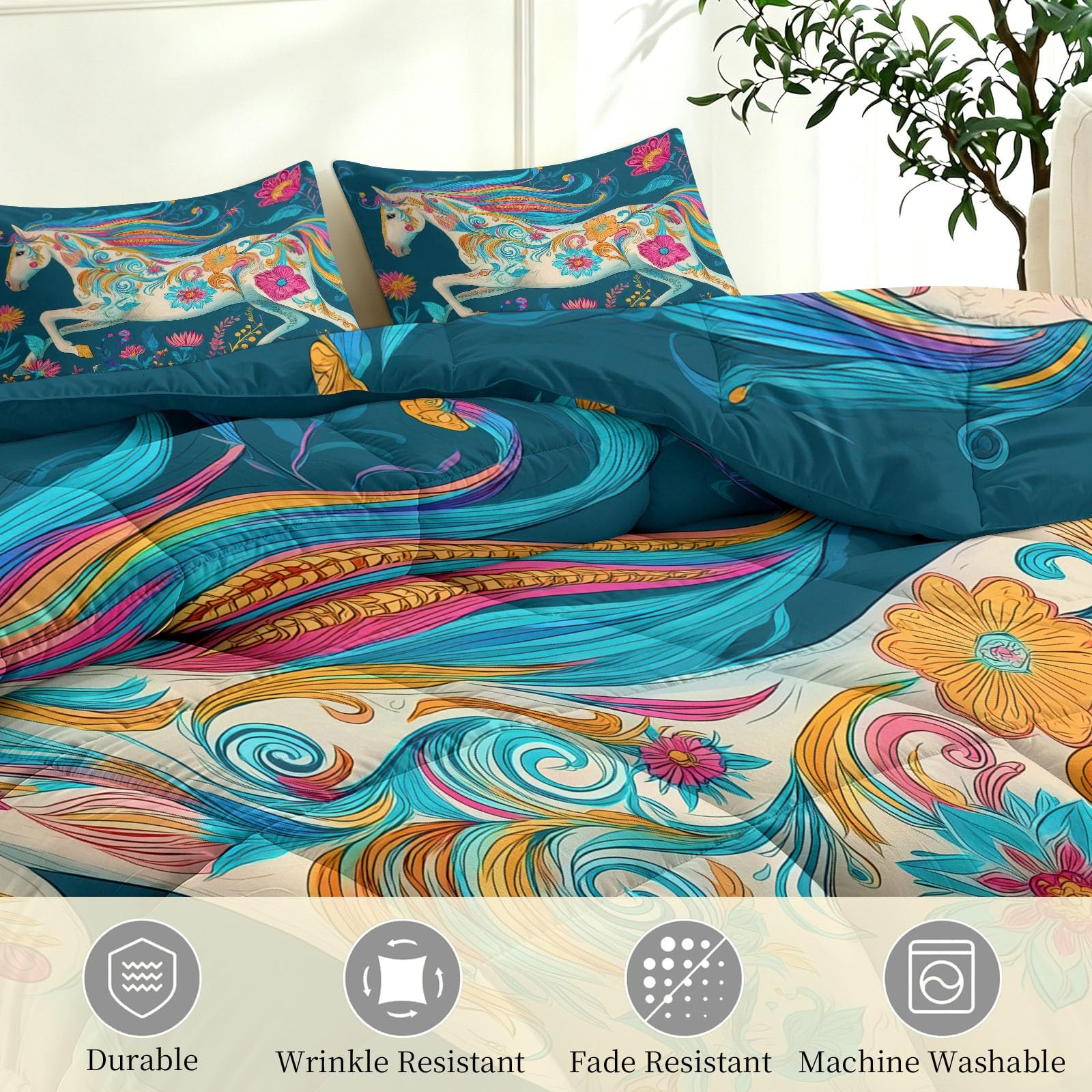 Bettdecke ohne Bezug 135x200 cm Blau Volkskunst Stil Antiallergisch Leichtsteppbett & Ganzjahresdecke - Waschbar mit 2 Kissenbezügen Blumendekoration Weißes Pferd Weiche und Atmungsaktive Wende