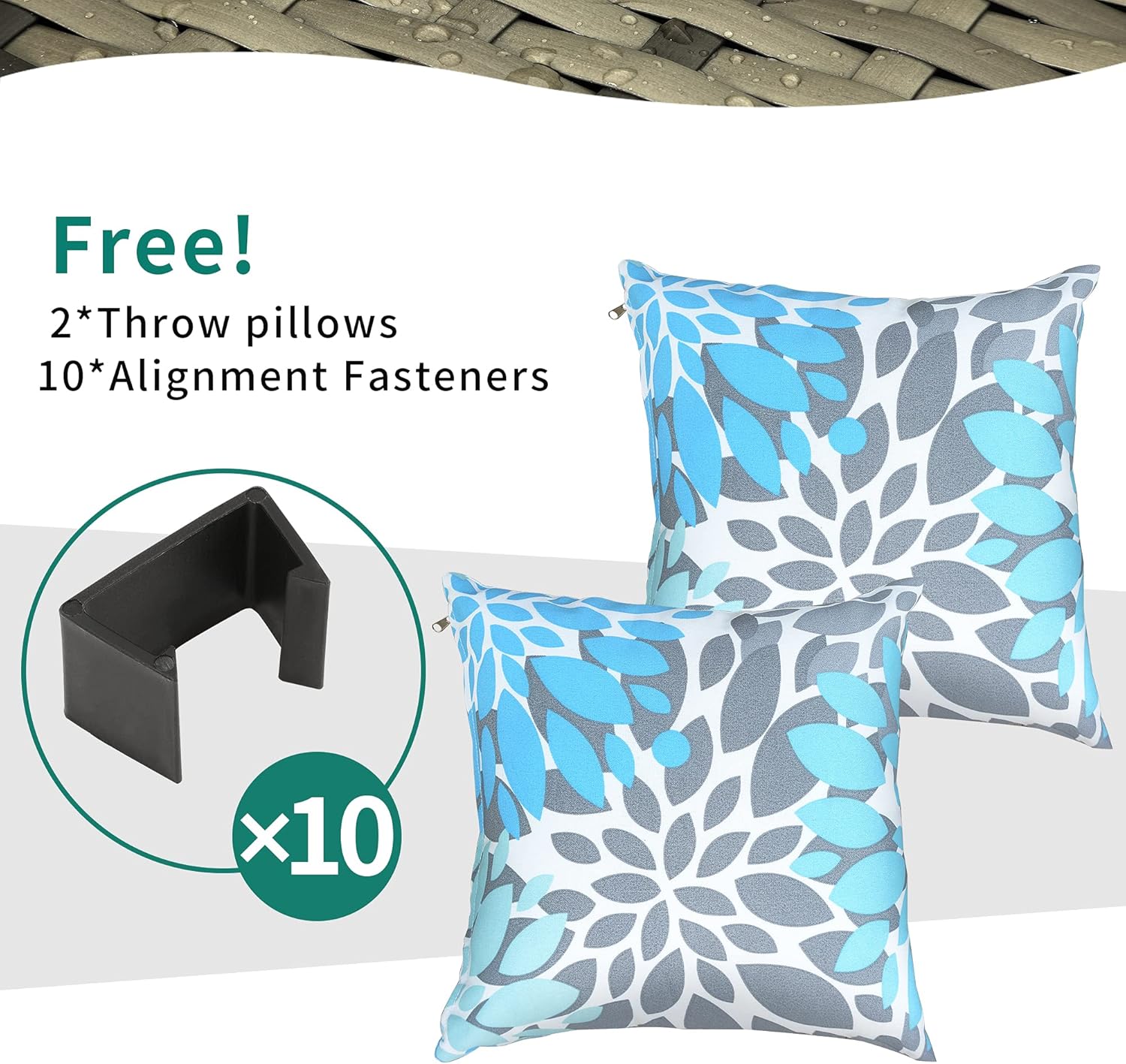 Image showing two blue and gray floral throw pillows and ten black alignment fasteners.