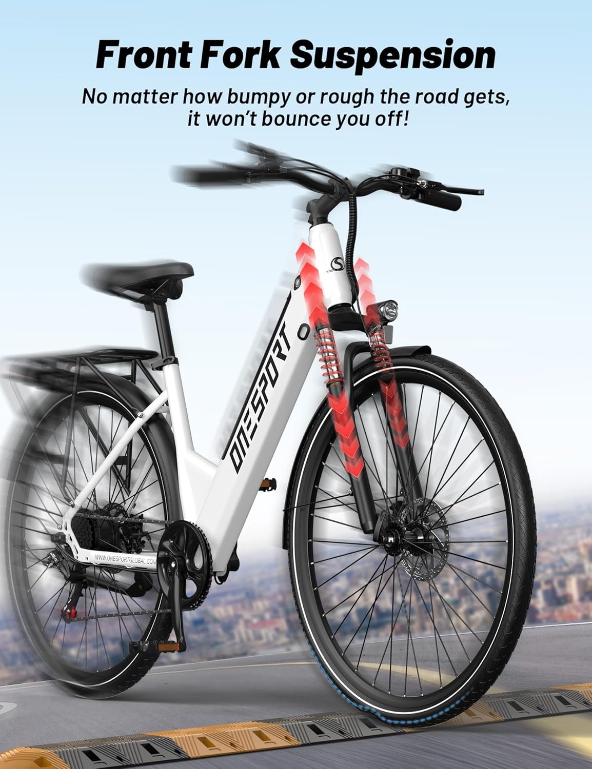 Image highlighting the front fork suspension of the ONESPORT OT12 Electric Trekking Bike, with text indicating it absorbs shocks and irregularities for a smooth ride.
