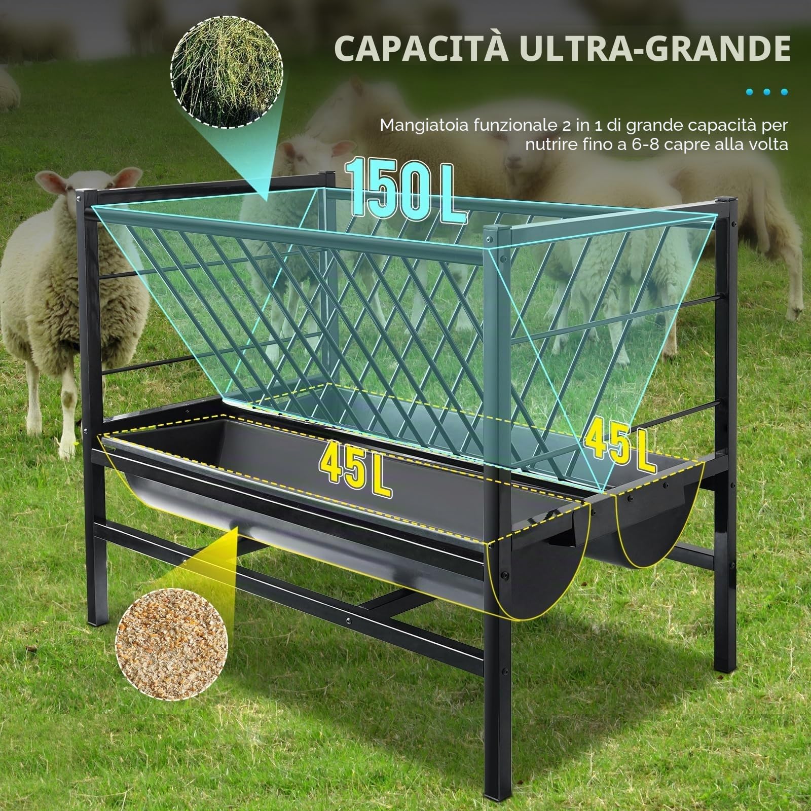 Grande Mangiatoia per Capre Fieno Metallo 2 in 1 Alimentatore per Fieno e Cereali Doppia Faccia Mangiatoia Fieno per Capra Cavalli Bestiame