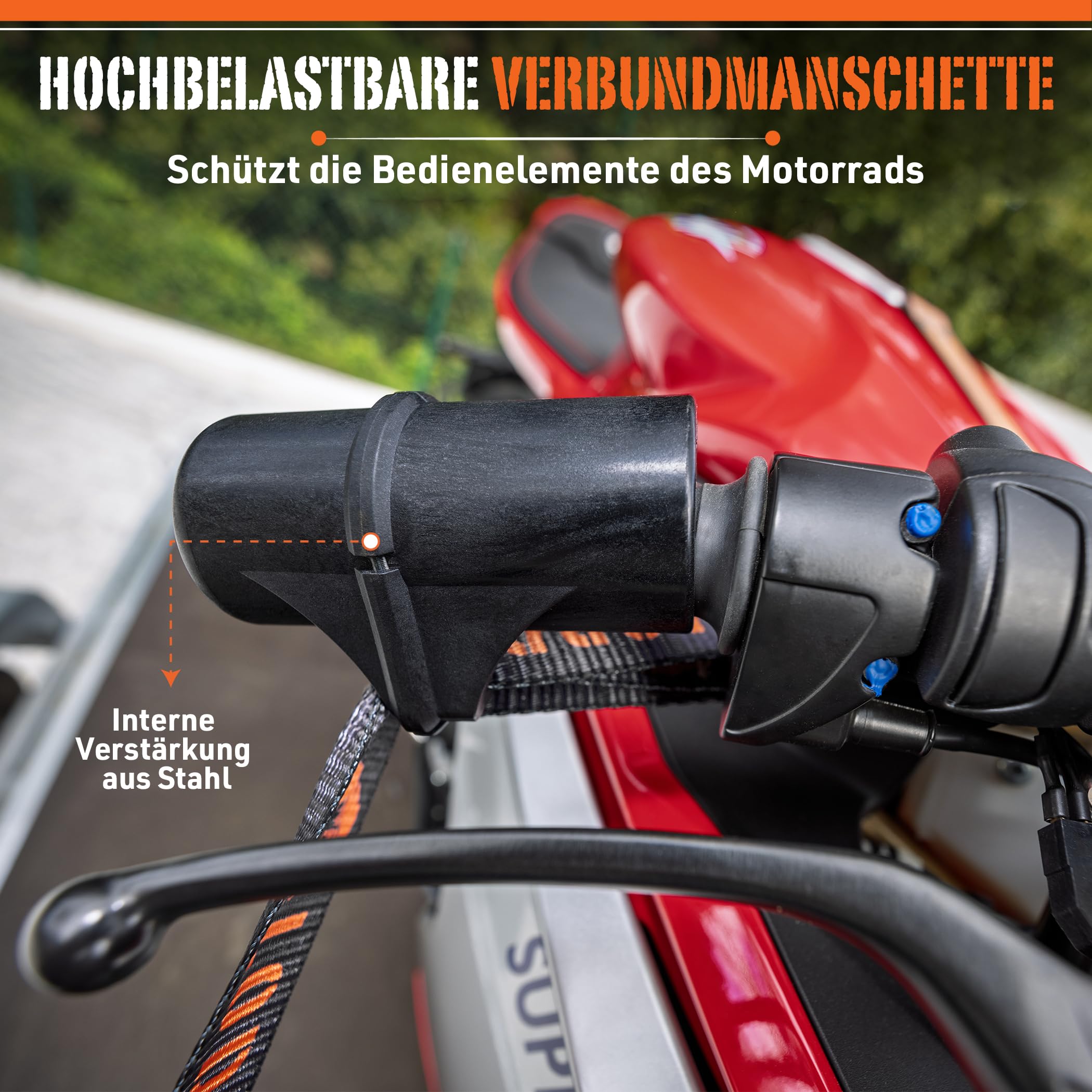 LODD – 2 Gurte für Motorrad, Befestigung am Lenker durch starre Schale (Schnallen/Starre Manschetten)