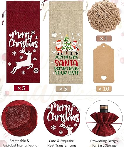 Miniatura 3 de Bolsas de vino de arpillera para regalo de Navidad, 10 bolsas para botellas de vino con cordón, etiqueta y cuerda, fundas reutilizables para