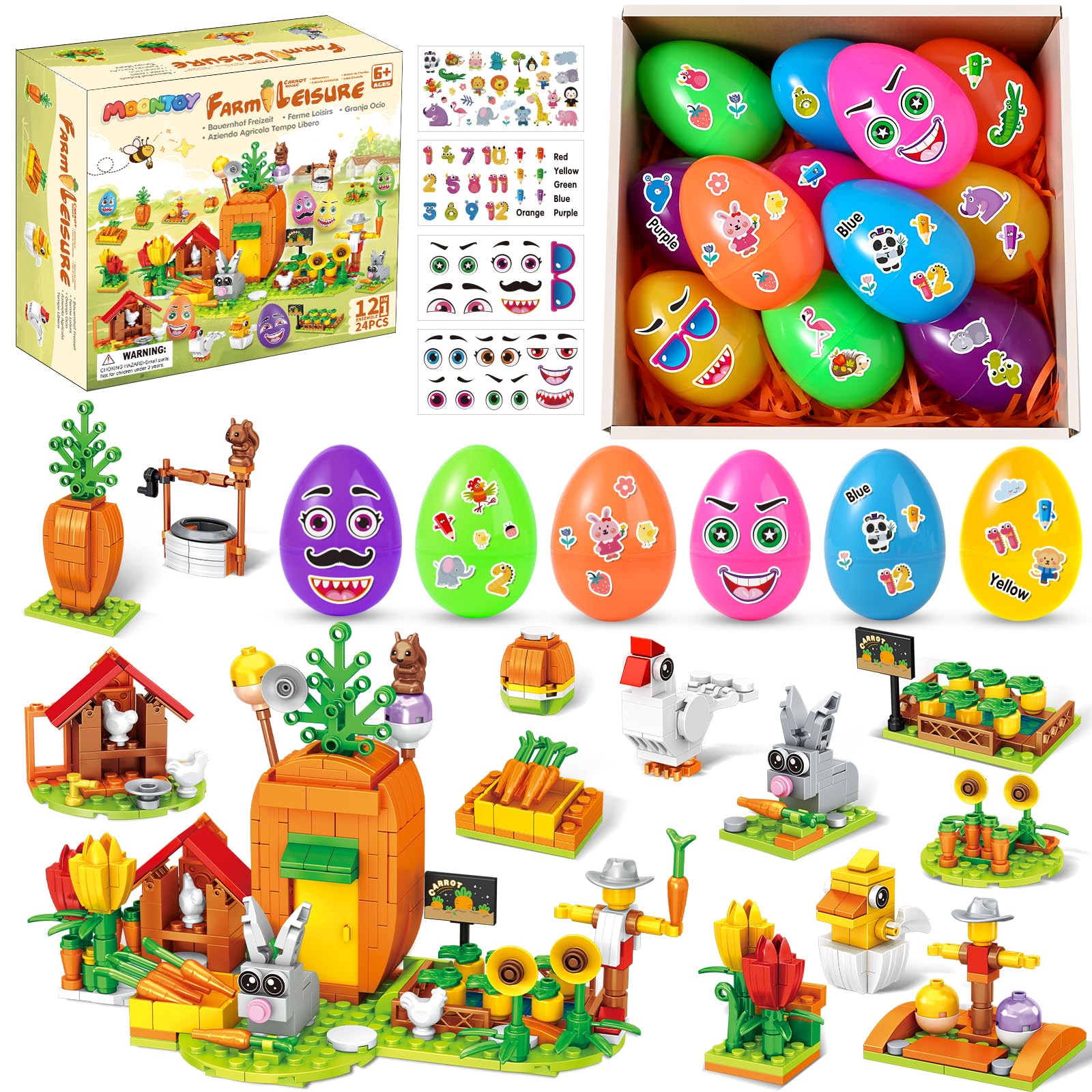 MOONTOY Ostergeschenke Kinder, 12 Ostereier mit 12 Oster Bausteinsets & 4 Stickern, DIY Osternest Füllung und Mitgebsel für Jungen und Mädchen 6 7 8 9+, Karotten-Farm mit Hase, Henne & Tulpen