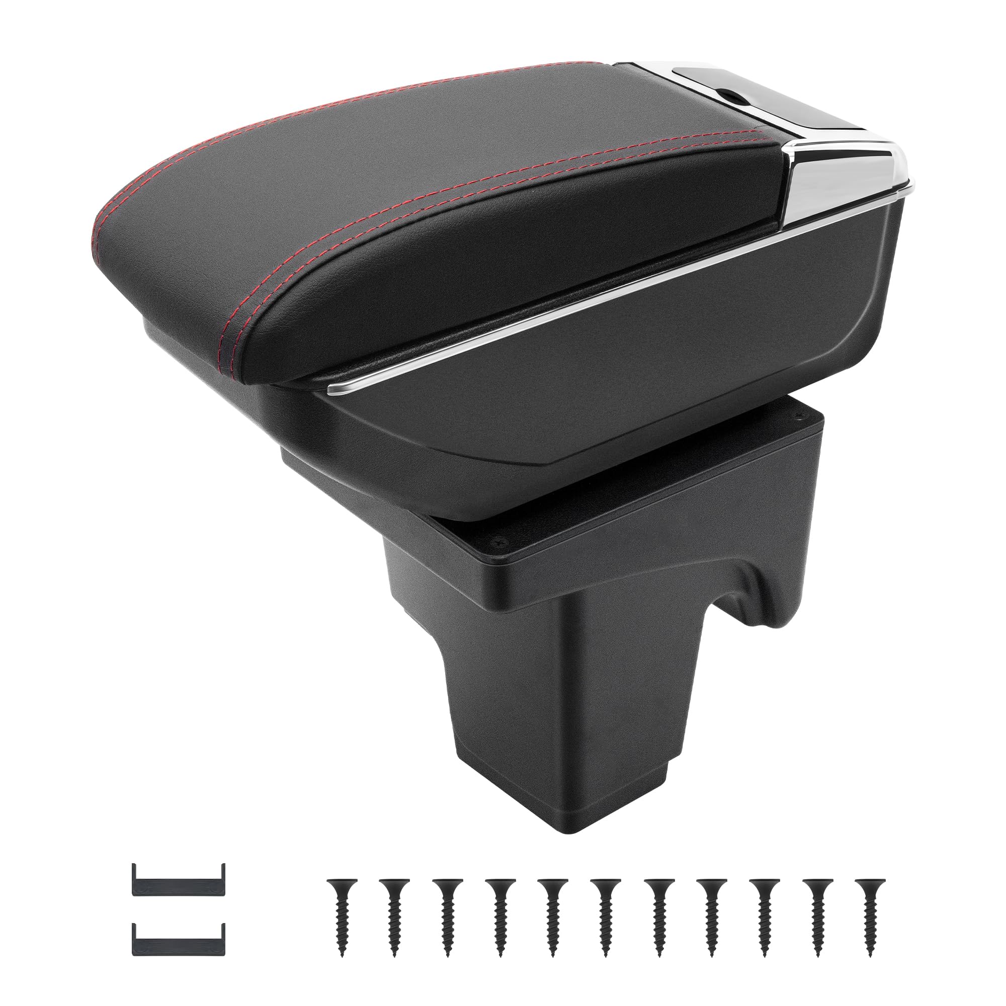 Auto Armlehnen für Ford Focus 3 mk3 2011-2019 Mittelarmlehne | Zweistufiger Stauraum, Armlehne zum Entspannen, Einfache Montage, PU-Leder, Rote Nähte,Gilt nur für Bestimmte Modelljahre