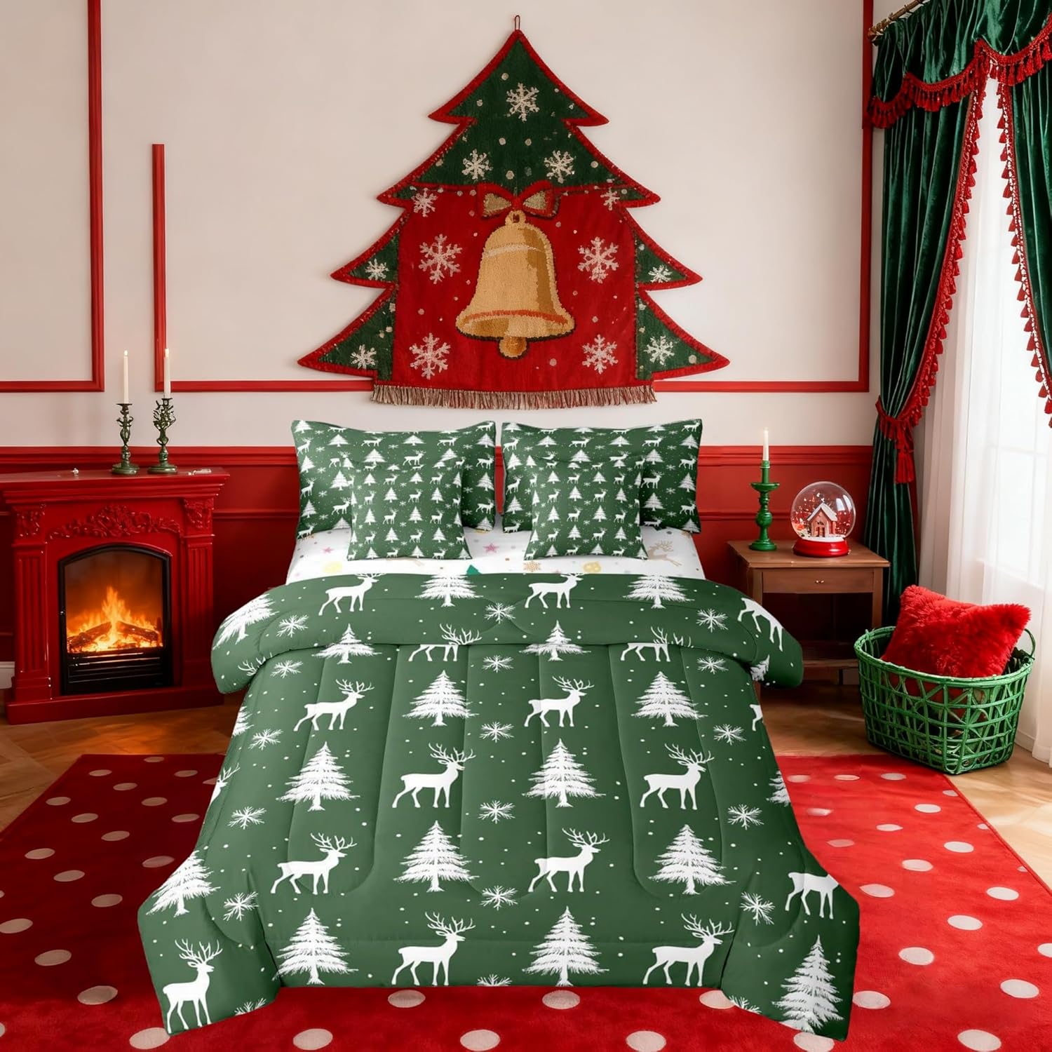 クリスマス 鹿 フルサイズ 掛け布団セット、雪の結晶 松の木の寝具、素朴な農家 クリスマス装飾 オールシーズン用、グリーン&amp;