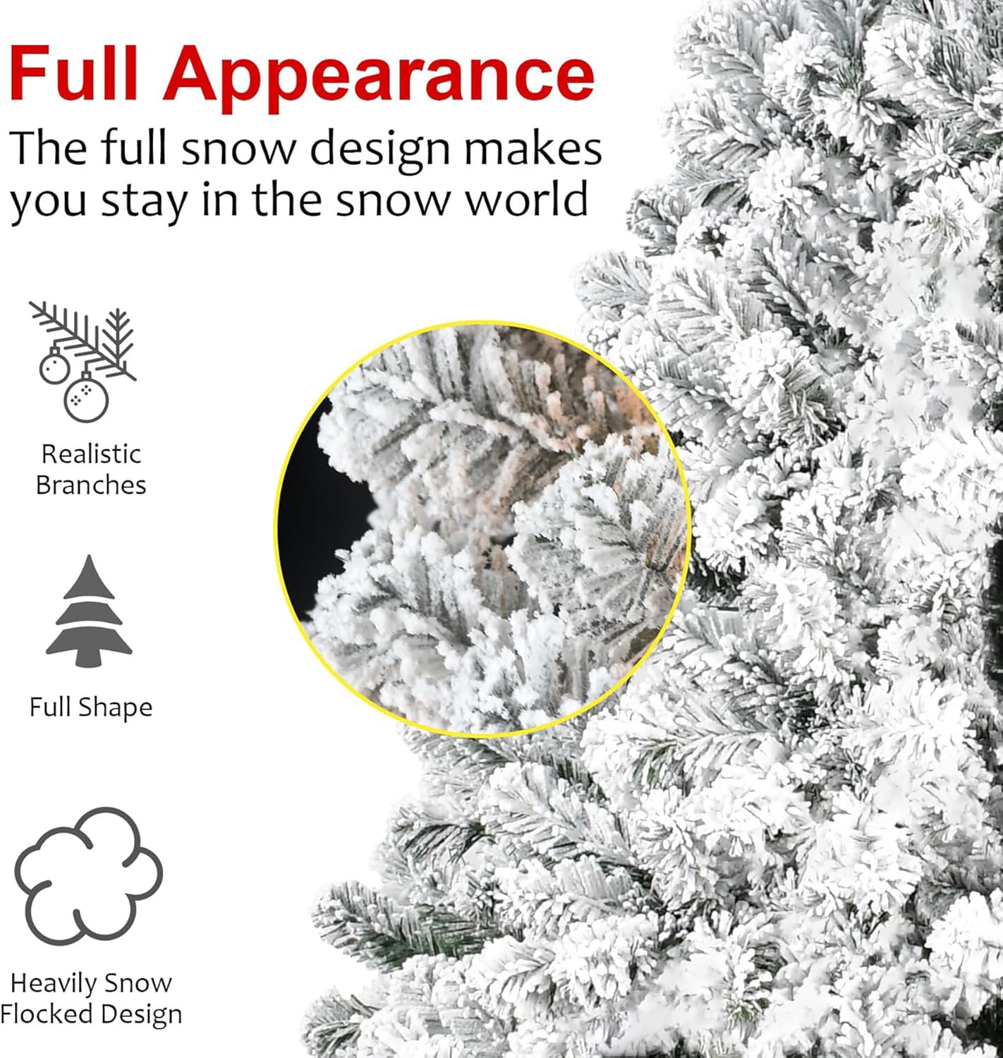 6FT Flocked Artificial Christmas Tree, Full Unlit White Christmas Tree with Premium PVC Branches, Realistic Snowy Look, Sturdy Metal Stand, Indoor Fake Snow Xmas Tree for Home Office Shops