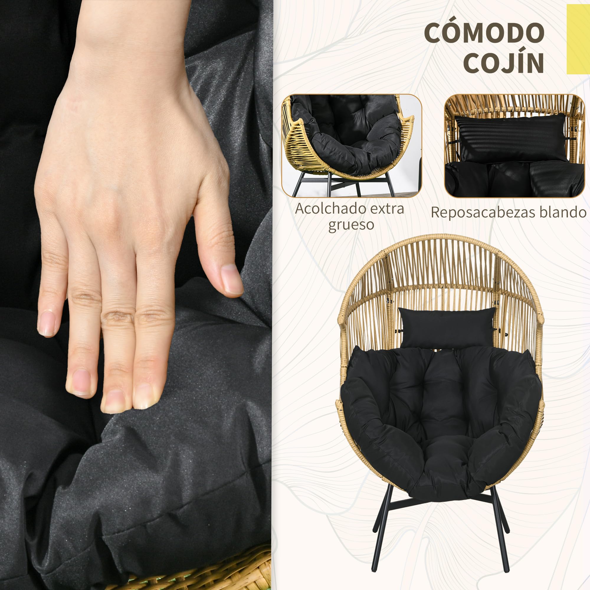 Outsunny Sillón de Ratán Sintético Silla de Terraza en Forma de Huevo con Reposacabezas Acolchado Cojín y Marco de Acero para Jardín Balcón 89x75x143 cm Arena y Negro