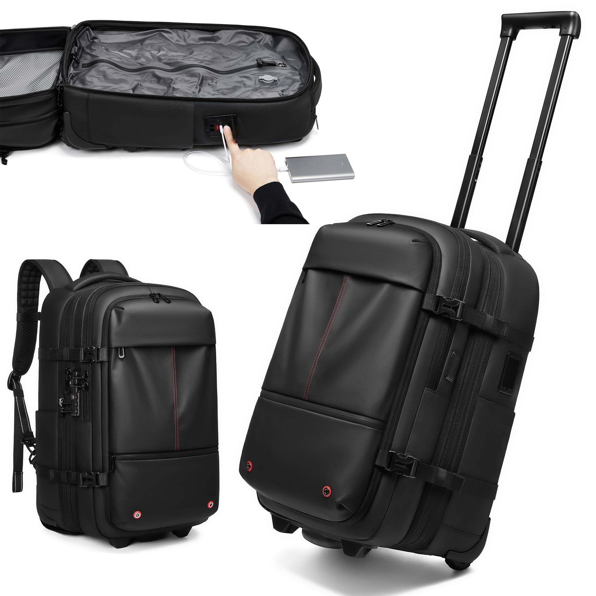 Vacuum Rolling Backpack Travel with One-Click Compression Airline Approved Carry On Luggage with TSA Lock 17 Inch Roller