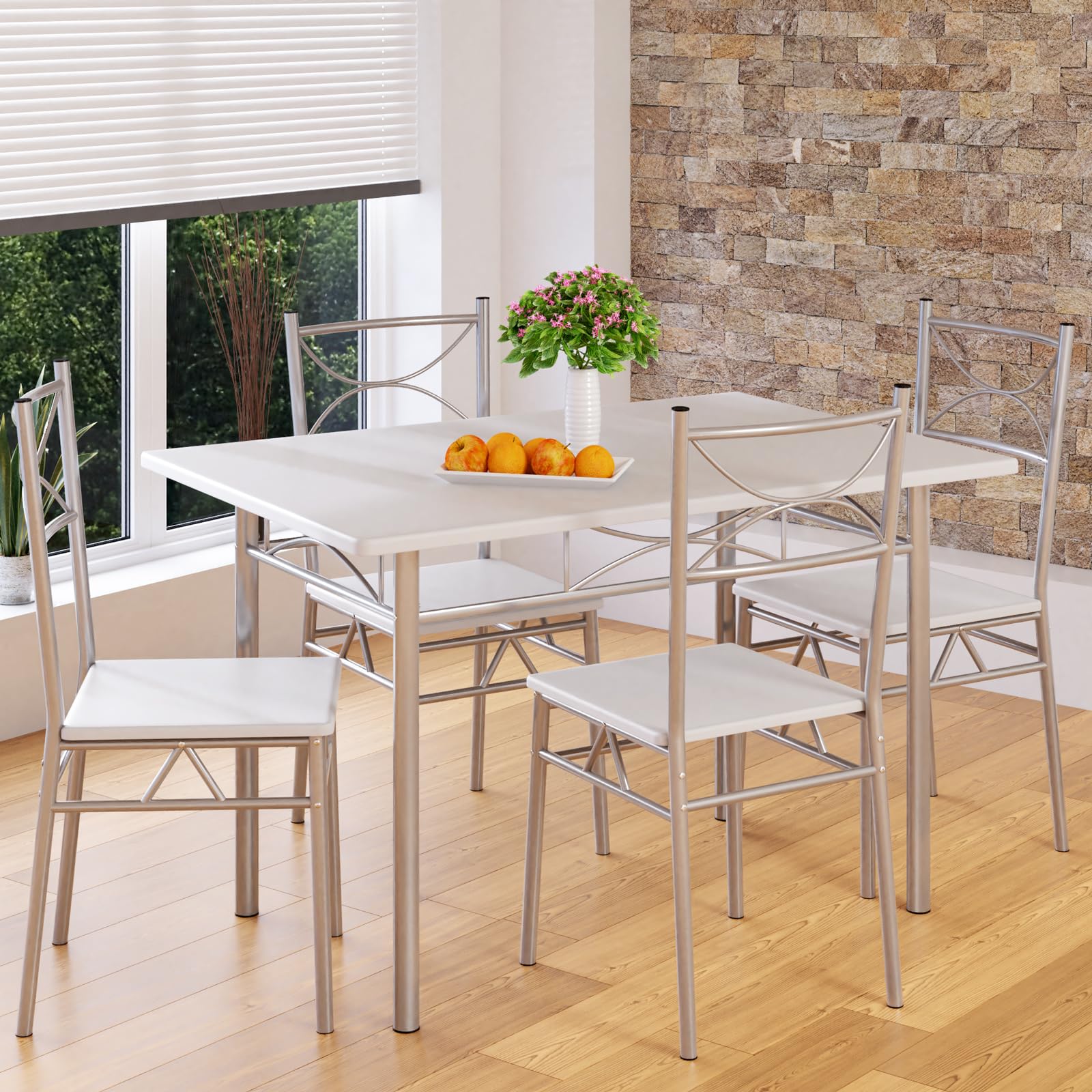 Casaria® Esstisch mit 4 Stühlen Holz 5-TLG Set Metall 110x70cm Industrial Esszimmer Küche Stühle Tisch Möbel Essgruppe Sitzgruppe Paul Weiß