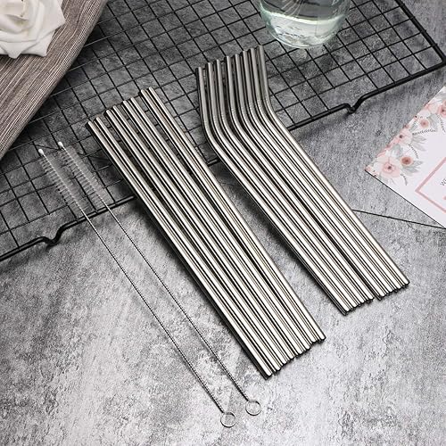 Miniatura 3 de 18 pajitas de acero inoxidable plateadas, popotes reutilizables de 8.5 pulgadas, con bolsa portátil (8 rectos8 doblados2 cepillos)