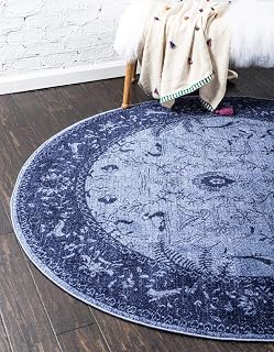 Unique Loom La Jolla Collection Farmhouse, Contemporary, Botanical, Traditional, Vintage Area Rug (8' 0 x 8' 0 Round, Blue/Navy Blue)