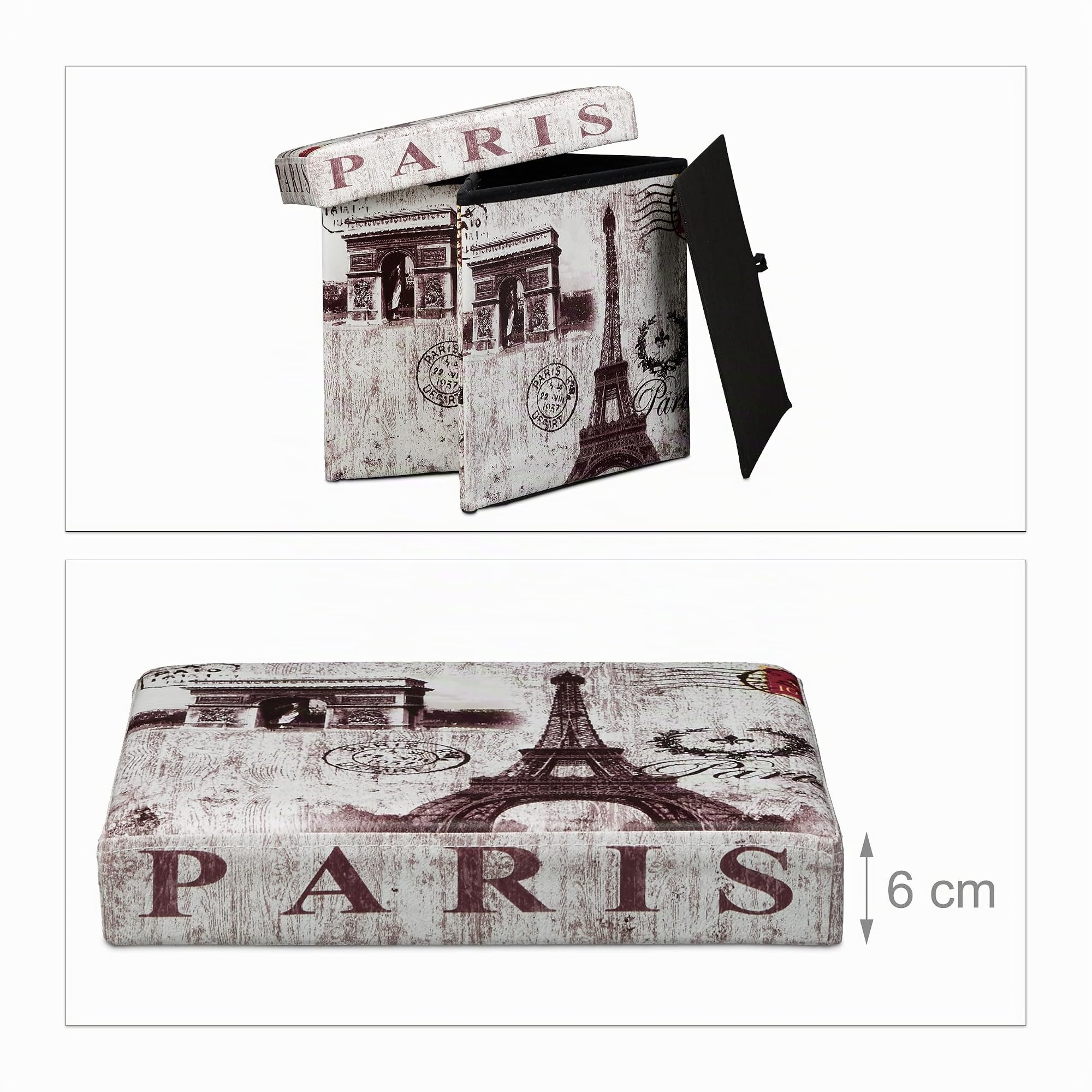 Relaxdays Banco Taburete Plegable, Puff Almacenaje, Pel Sintética, 38x38x38 cm, máx. 300 Kg, Diseño París, Multicolor