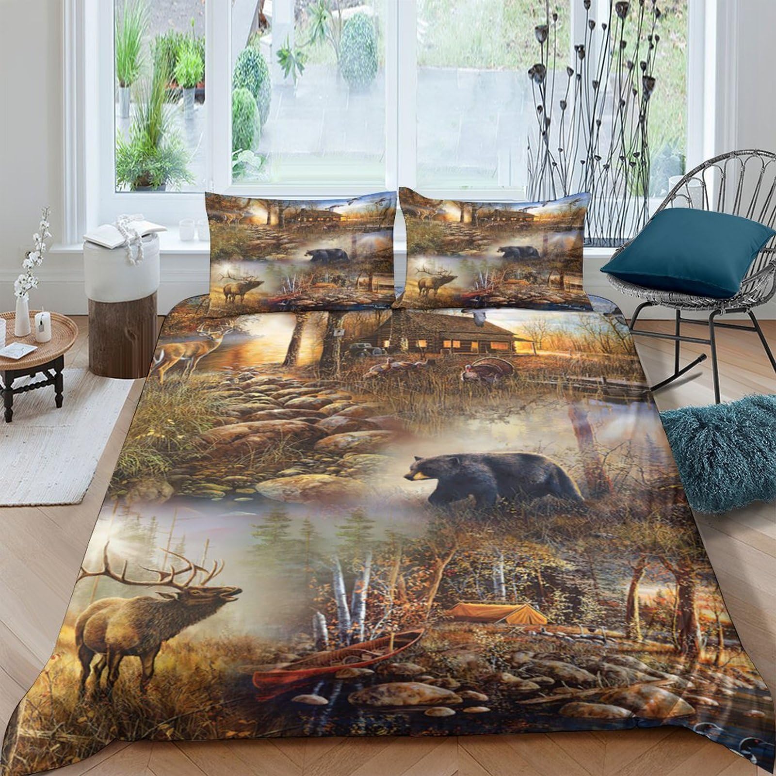 Ctjqhvkz Style-5 3D Printed Forest Cabin Fitted Sheet Microfiber Woodland Bear Mattress Cover For Bedroom Guest Room Decor Easy Care Single（135X200cm）