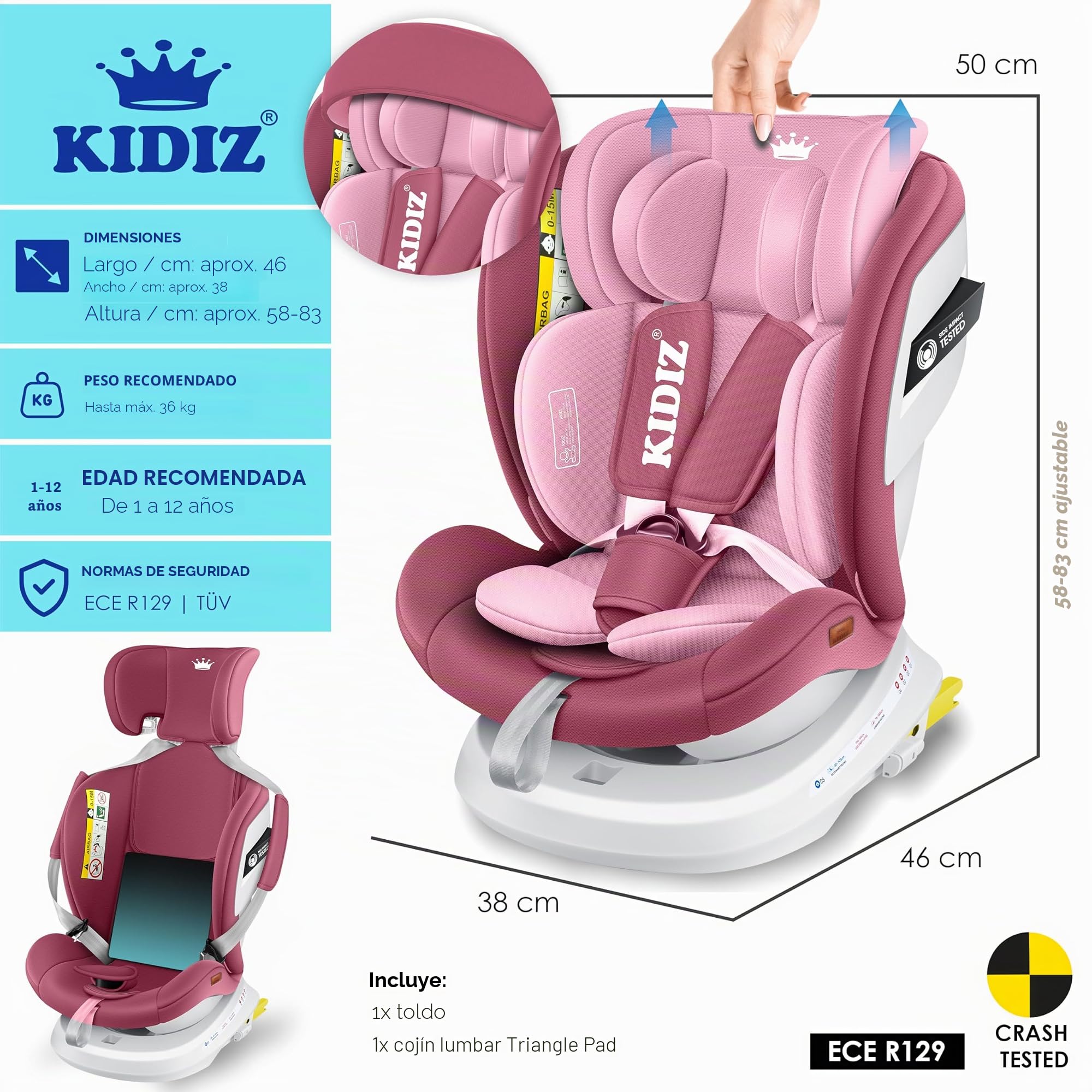 KIDIZ® Silla de coche para bebés Isofix Top Tether 360° giratoria, grupo 0/1/2/3 desde el nacimiento 0-36 kg, con toldo, arnés de 5 puntos, ajuste del reposacabezas ECE R129