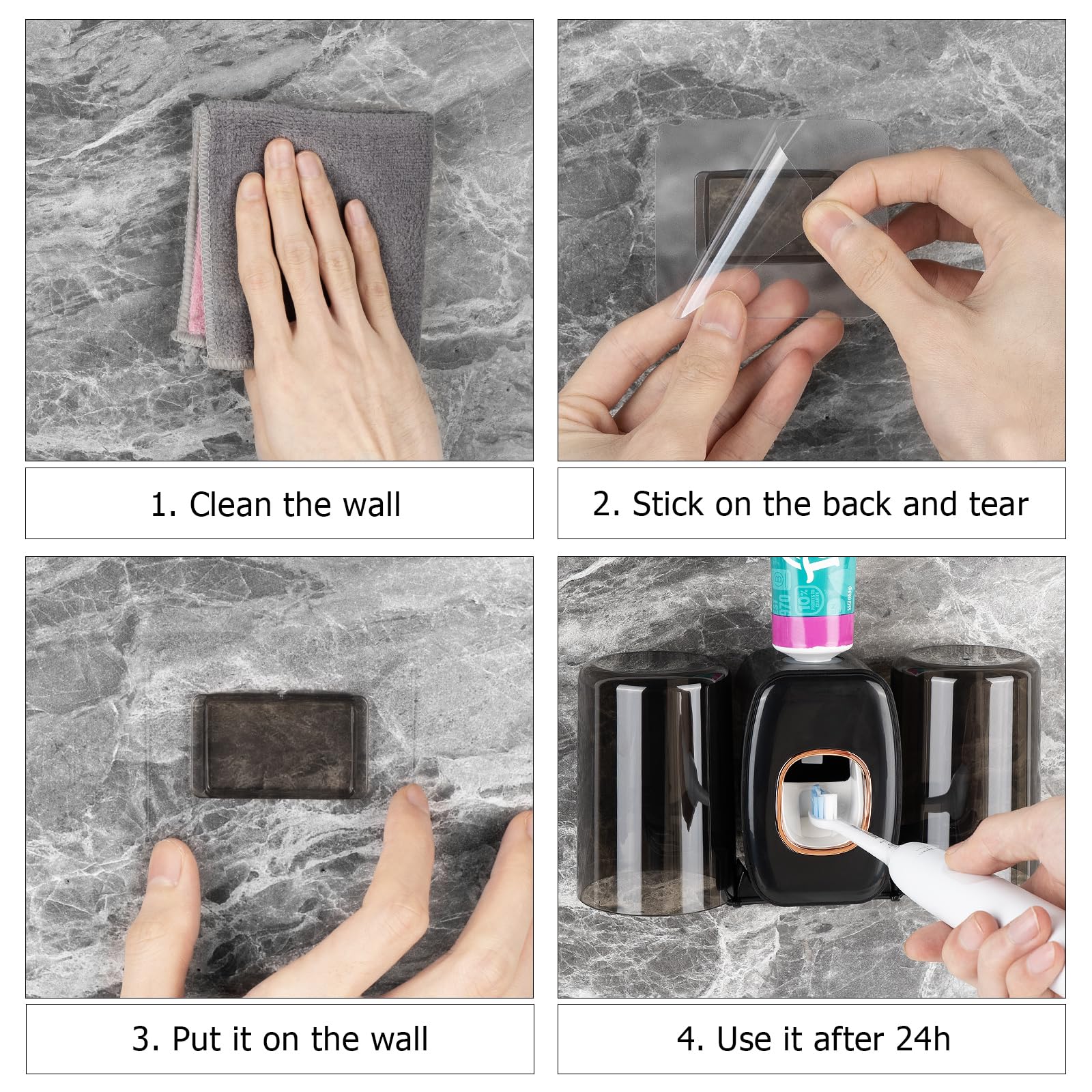 LUEXBOX Soporte para cepillo de dientes con 4 ranuras para montaje en pared con funda, organizador de almacenamiento autoadhesivo para ducha, colgador de cepillos de dientes con 2 tazas de enjuague