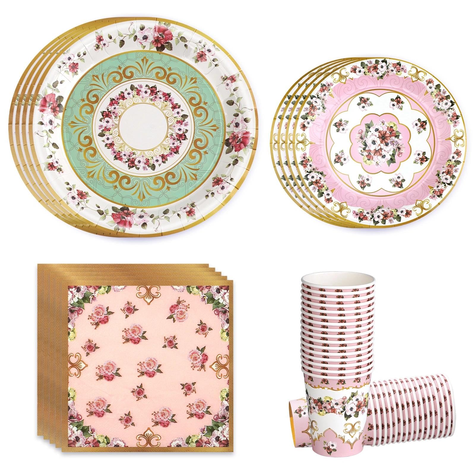 68Pcs Vintage Floral Party Plates Set, 9" Green and 7" Pink Floral Paper Plates Napkins Cups Serves 16 Guests, Disposable Tableware for Afternoon Tea, Bridal Shower Birthday Party Decorations