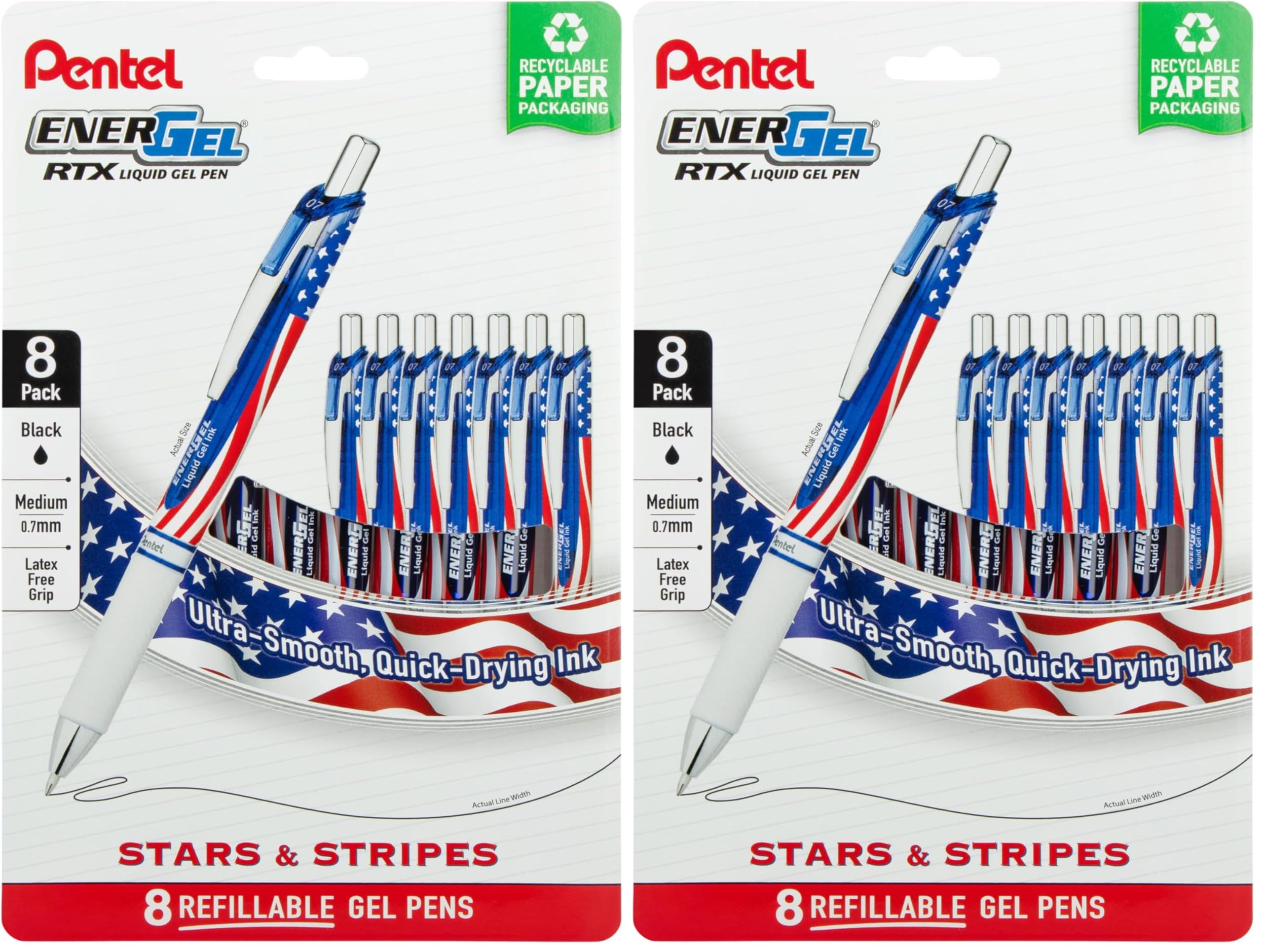 EnerGel RTX Retractable Liquid Gel Pen, Flag Barrel, (0.7mm) Metal Tip, Medium Line, Black Ink, Pack of 16 Pens