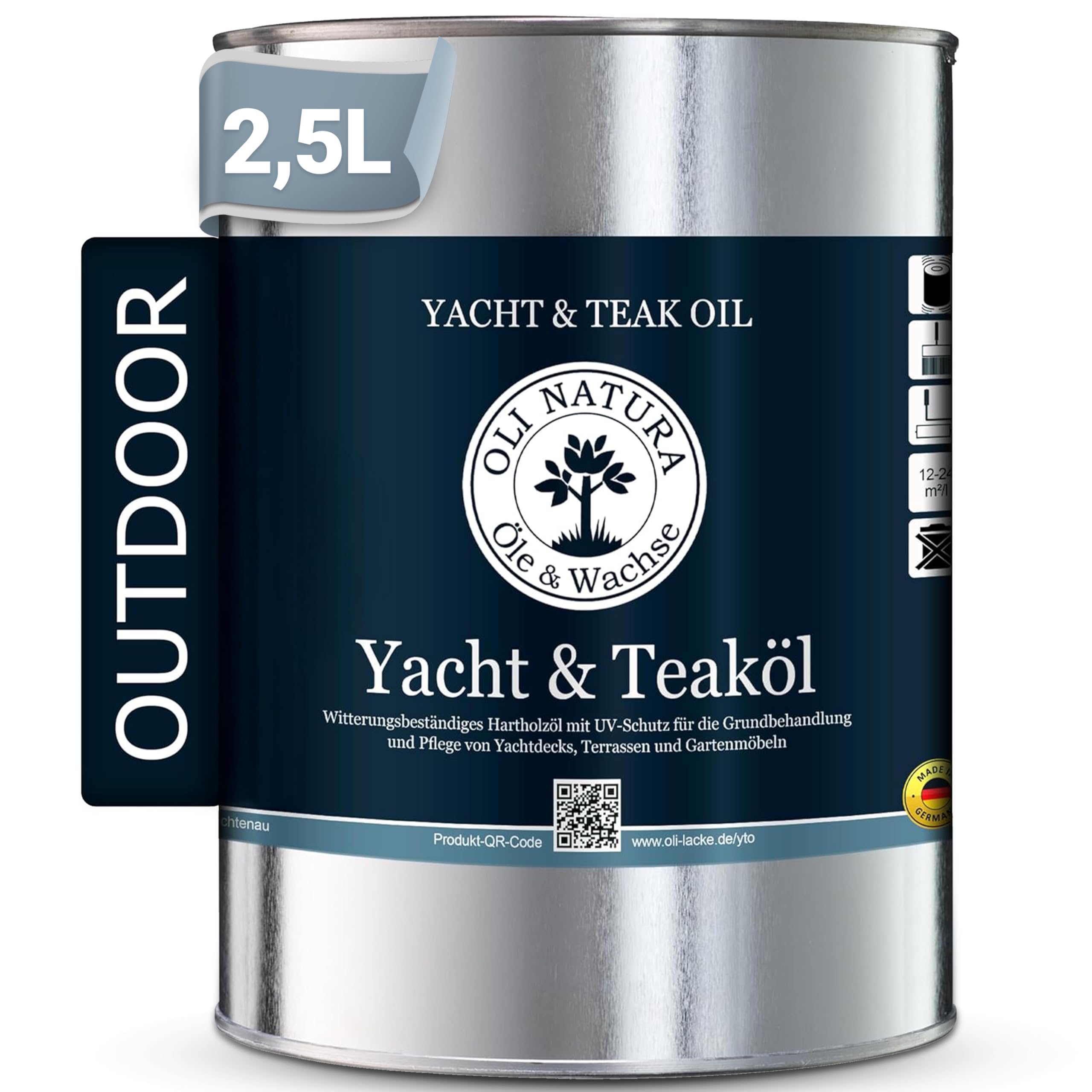 OLI-NATURA Yacht & Teaköl - Holzöl für Außen - 2,5 Liter, Natur - Premium Leinöl mit Schutz vor UV-Strahlung, Verwitterung, Versprödung & Vergrauung - Geeignet für fast alle Holzarten