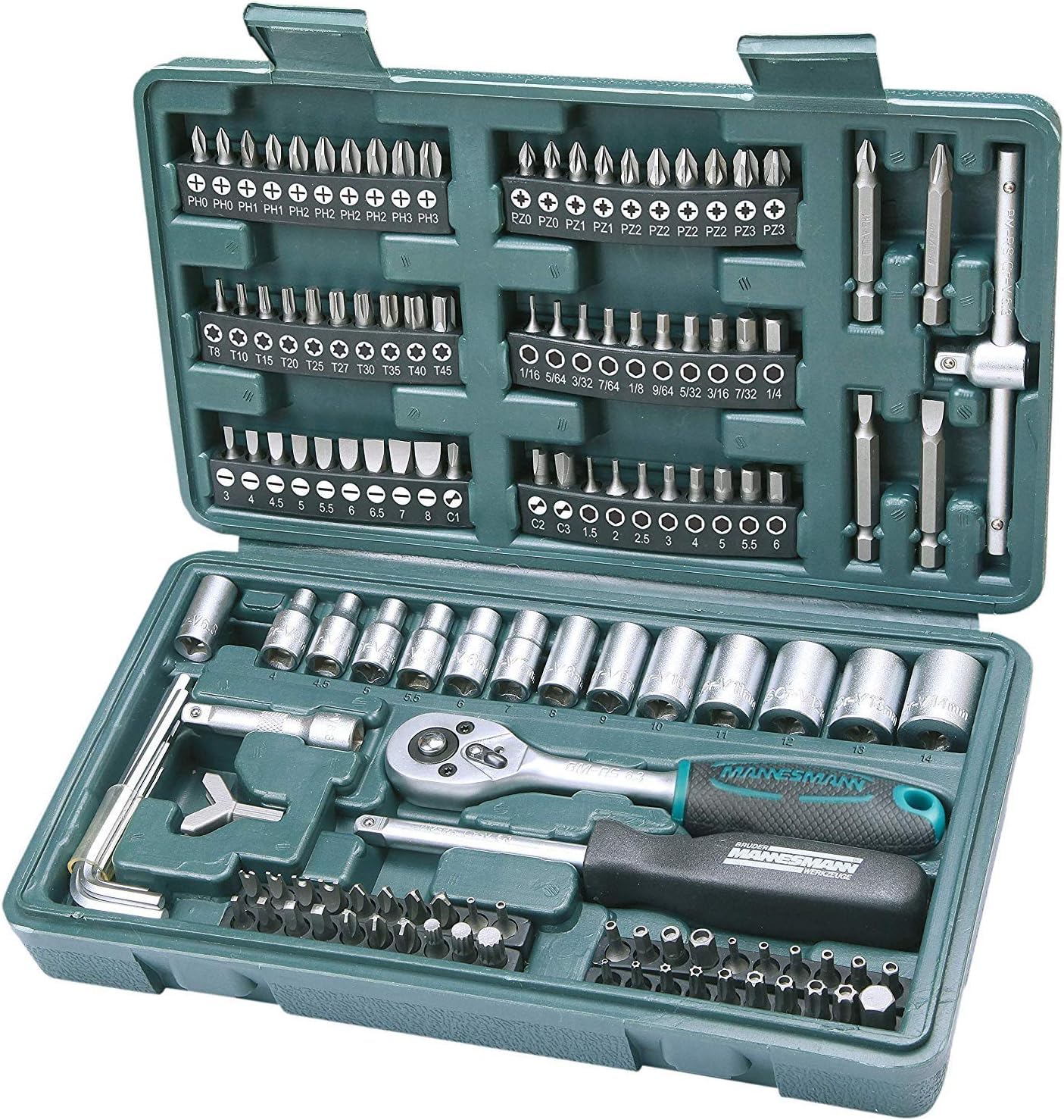 Mannesmann M98430 Maletín con llaves de vaso y otras herramientas, Color Verde + M29166 Maletín con juego de llaves de vaso y puntas de destornillador (130 piezas)