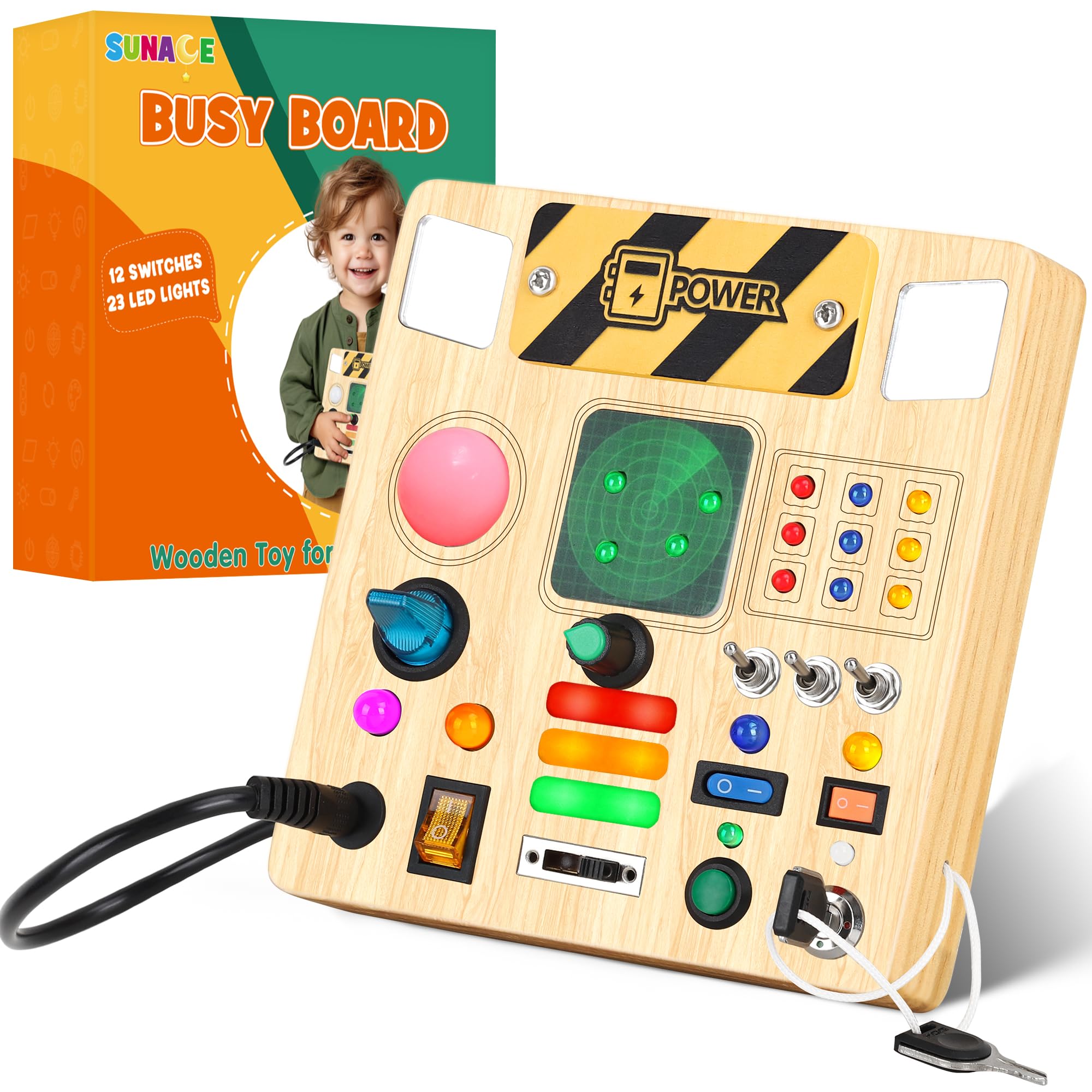 Montessori Busy Board - Montessori Spielzeug ab 1 Jahr Holzspielzeug mit 8 Schalter 15 LED Motorikspielzeug Activity Board Schalter Spielzeug für Jungen Mädchen ab 1 2 3 Jahre (Standardausgabe)
