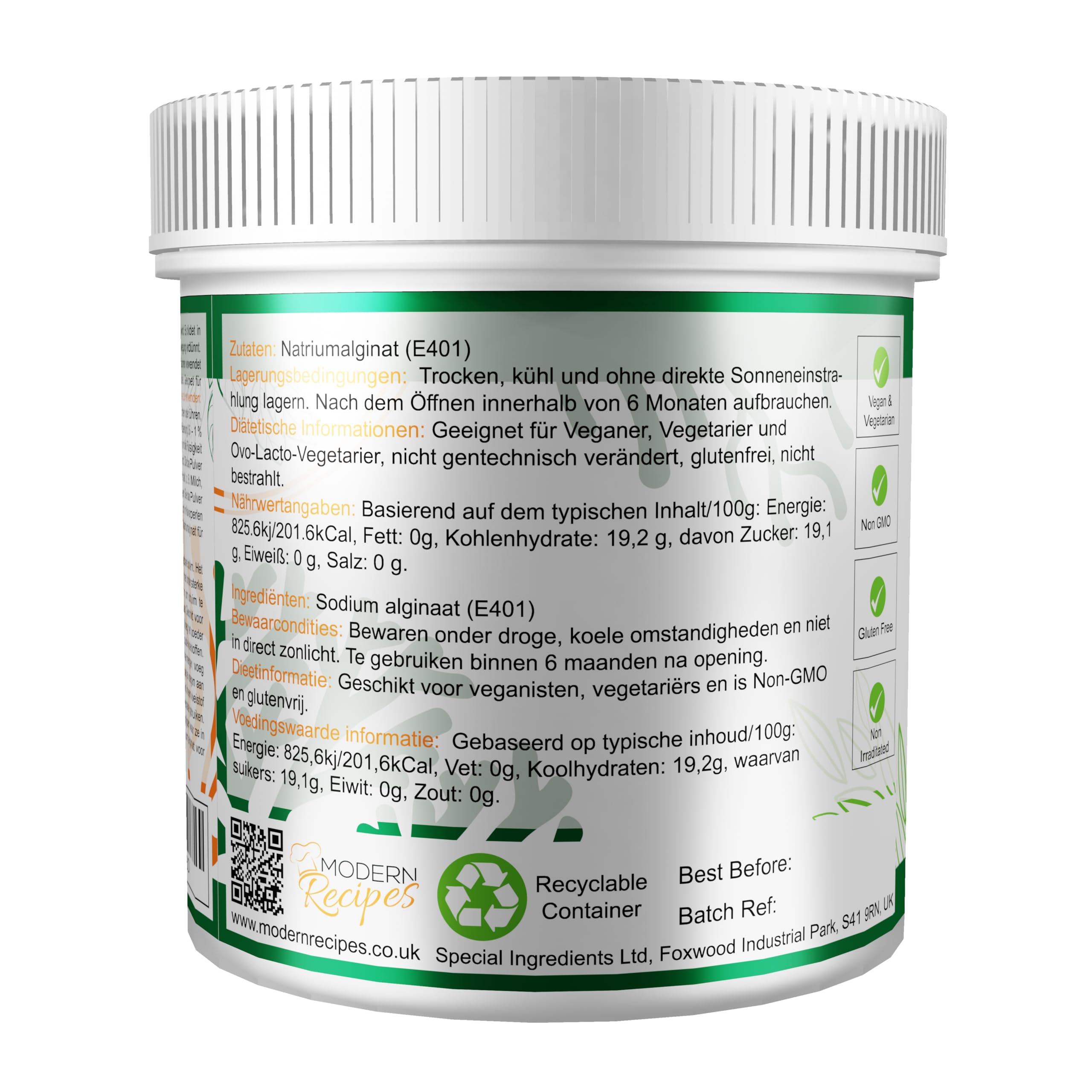 Special Ingredients Alginato di sodio in polvere da 500 g, estratto di alga, addensante, emulsionante e miglioratore di consistenza, adatto per vegani e vegetariani, imballaggio riciclabile