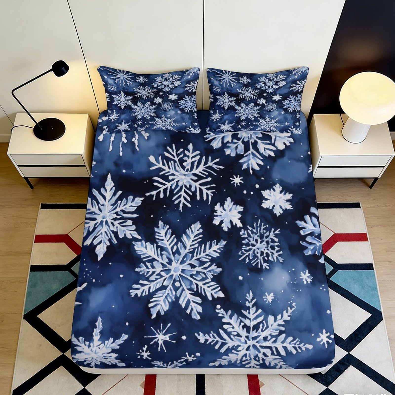 3D Printed Snowflake Blue Fitted Sheet Microfiber Soft Mattress Cover for Bedroom Guestroom Dorm Decor, Anti-Slip Washable 90x200x25cm