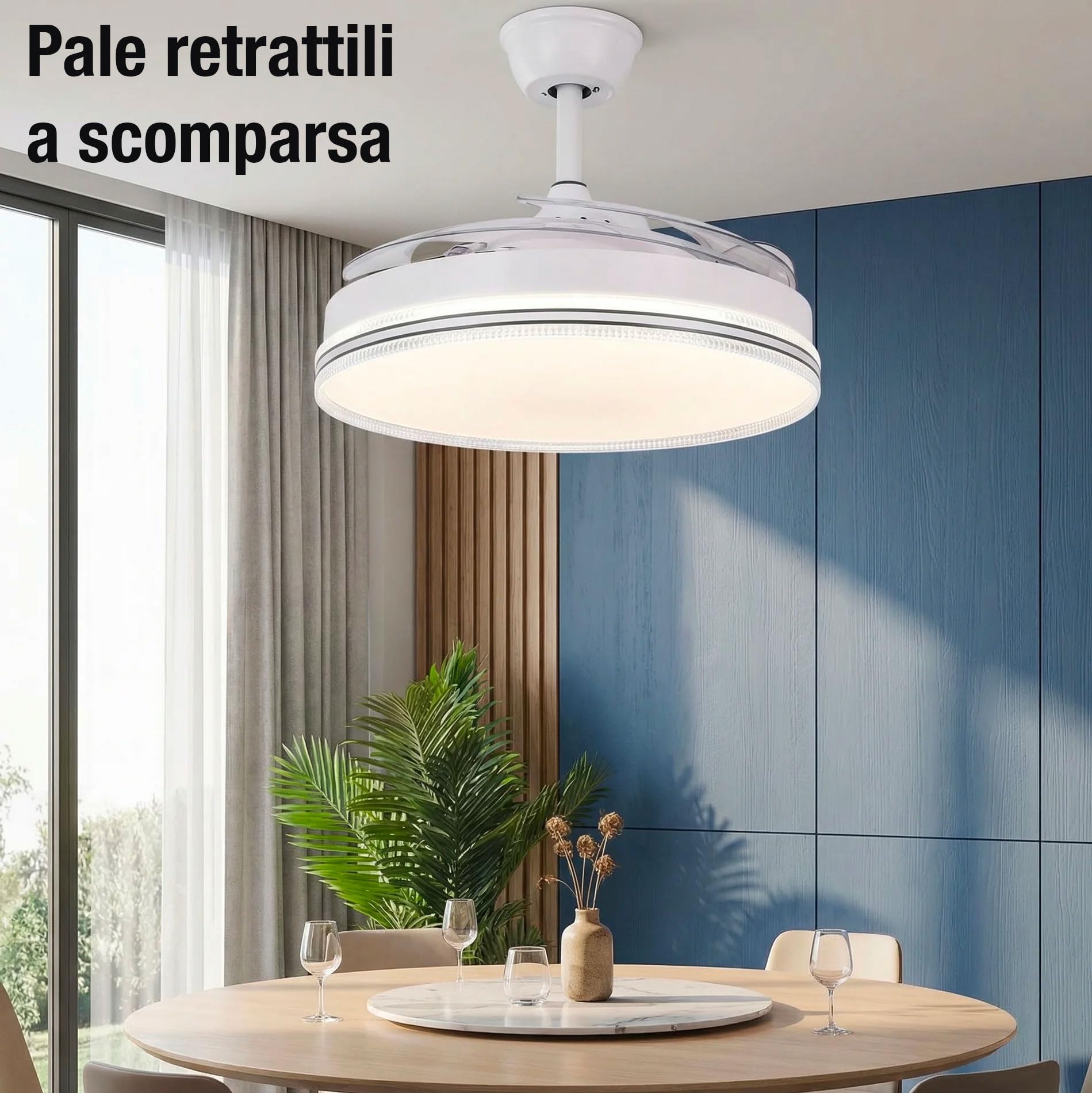 081 Store - Ventilatore da Soffitto con Luce LED e Telecomando, Pale Retrattili Trasparenti, 6 Velocità, 3 Tonalità di Luce, Timer 1/2/4/8H, Motore DC Reversibile Silenzioso, 48 Pollici 120 cm