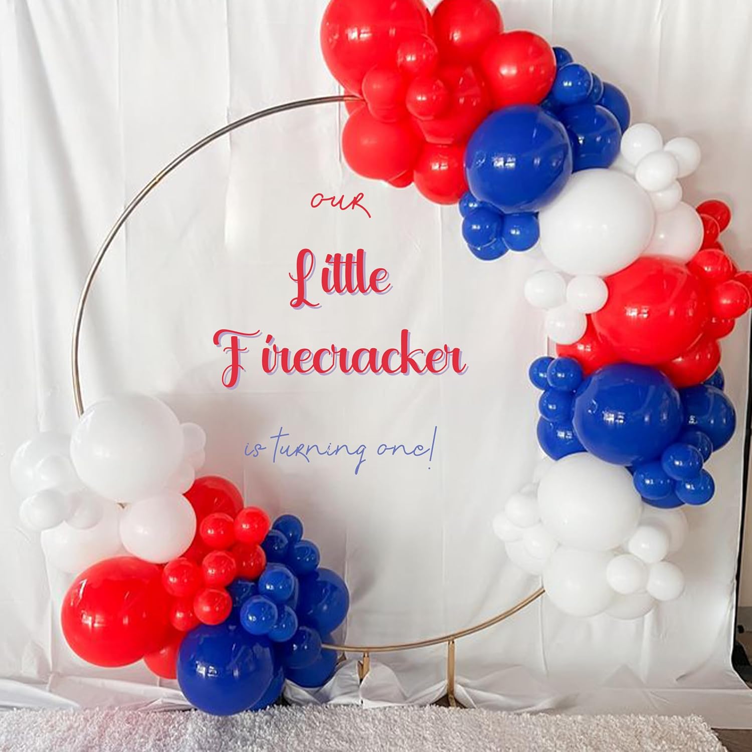 Our Little Firecracker is Turning One Wall Decal - 4th of July 1st Birthday Stickers, Red White Blue Patriotic Decorations, Independence Day Balloon Arch Backdrop (Red White Blue)