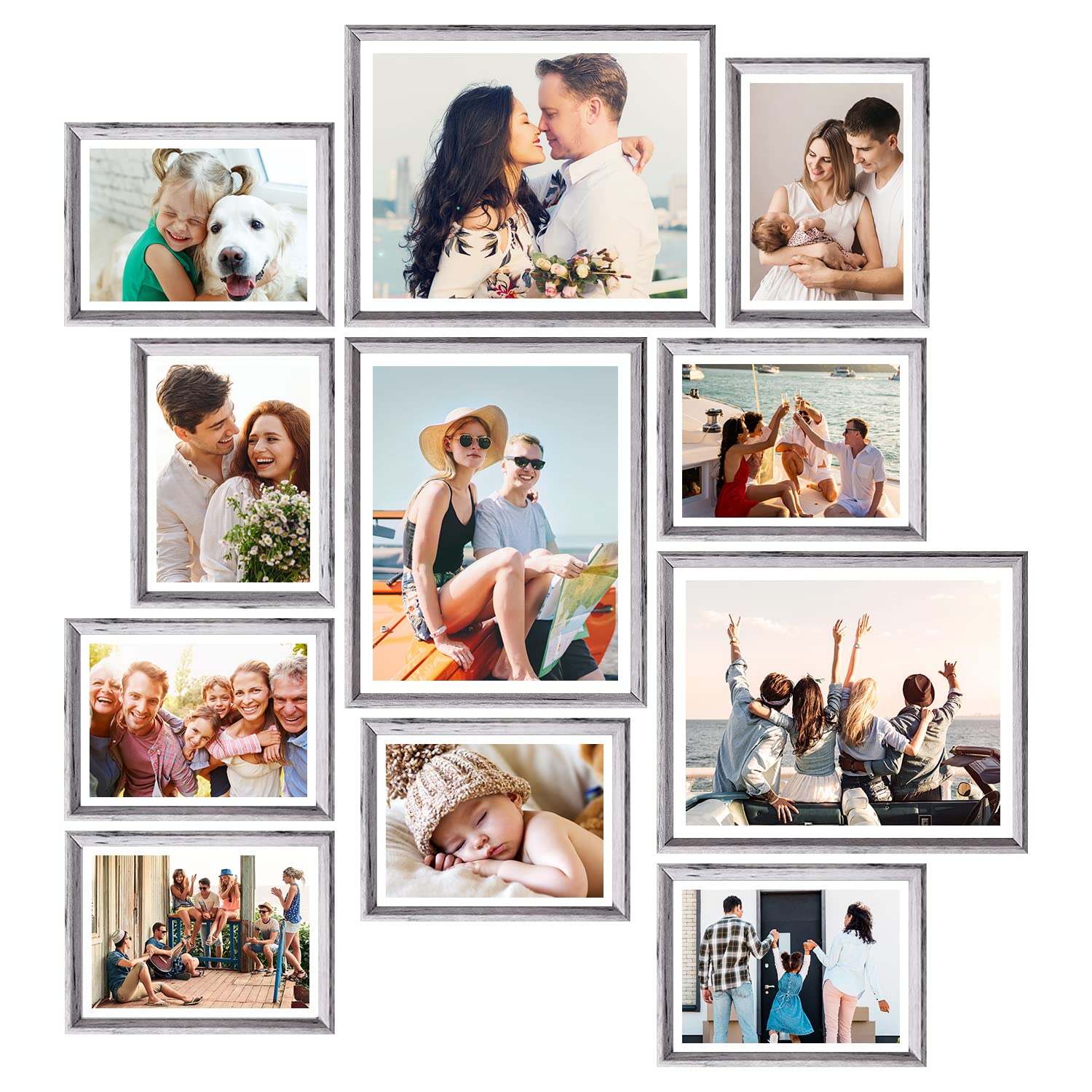 11 Pack Picture Frames Set for Gallery Wall Collage - Gray Wood Grain Style Photo Frames for Desktop or Wall Mounting, Including Three 8x10 / Eight 5x7 Inch