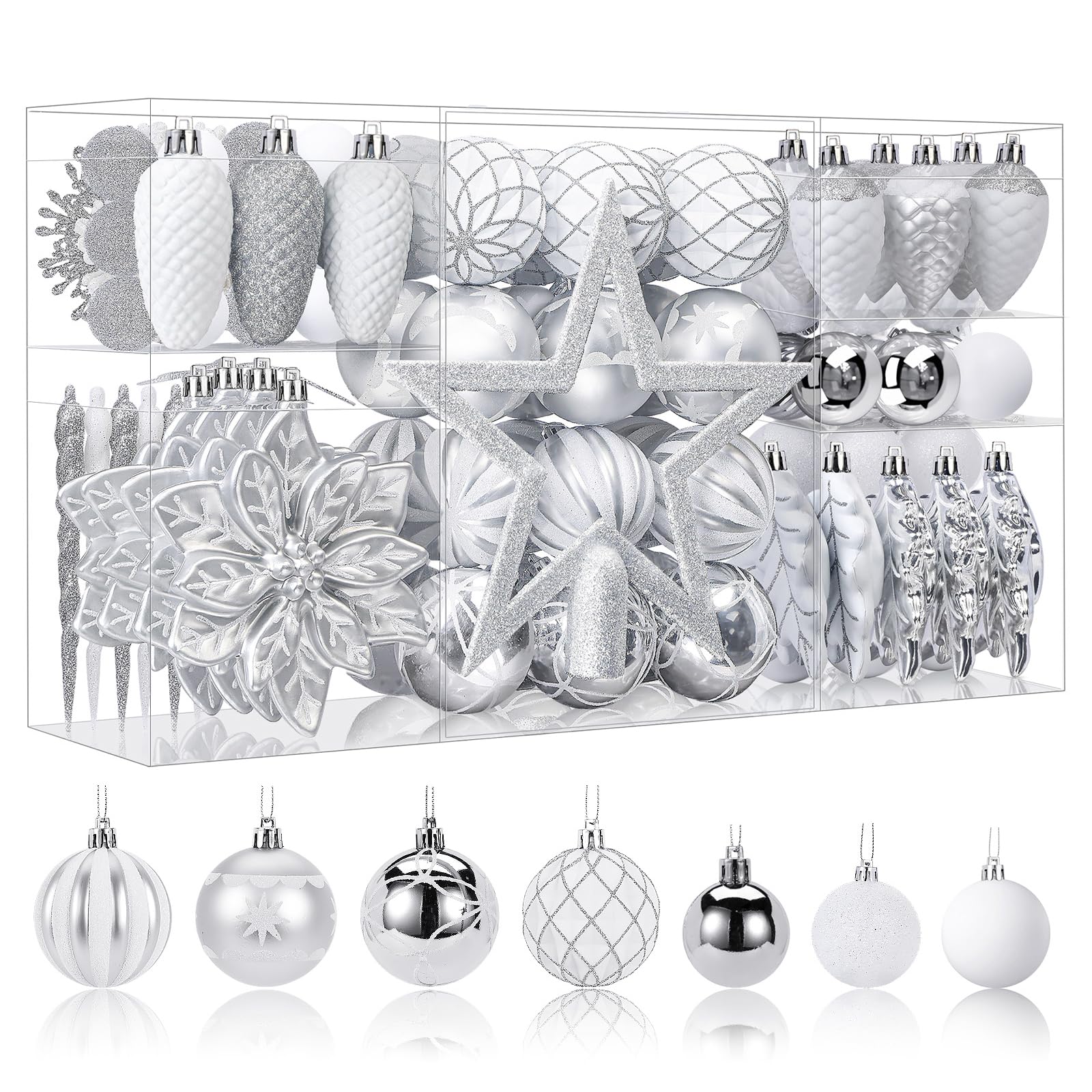 SHareconn 106pcs Christmas Baubles Ornaments Set,Shatterproof Plastic Decorative Baubles for christmas tree decorations, Holiday Wedding Party Decoration with Hooks Included, White & Silver