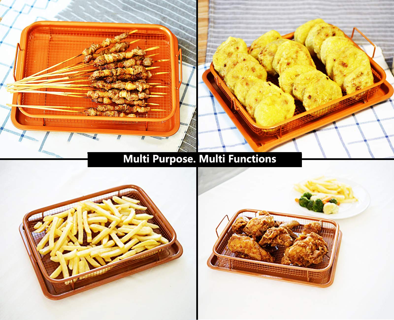 Non-Stick Baking Tray with Grill Crispy Basket Copper Crisper Air Fryer Pan Set of 2 3