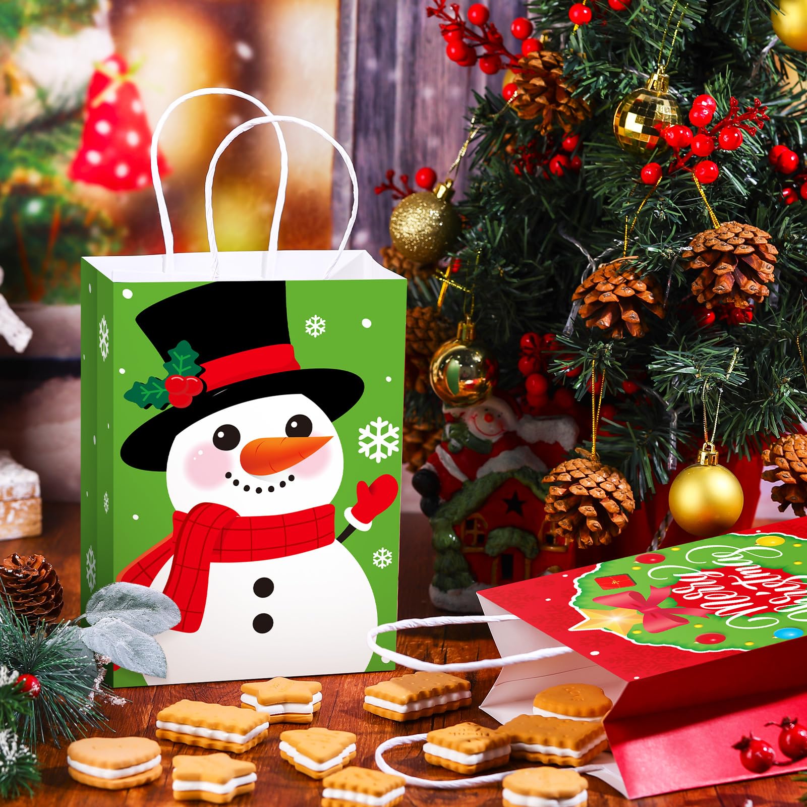 Yeaqee Lot de 80 petits sacs cadeaux de Noël en papier kraft avec poignées en vrac pour emballage cadeau de Noël, fournitures de fête de vacances, 21 x 15 x 8 cm (Père Noël, élan)