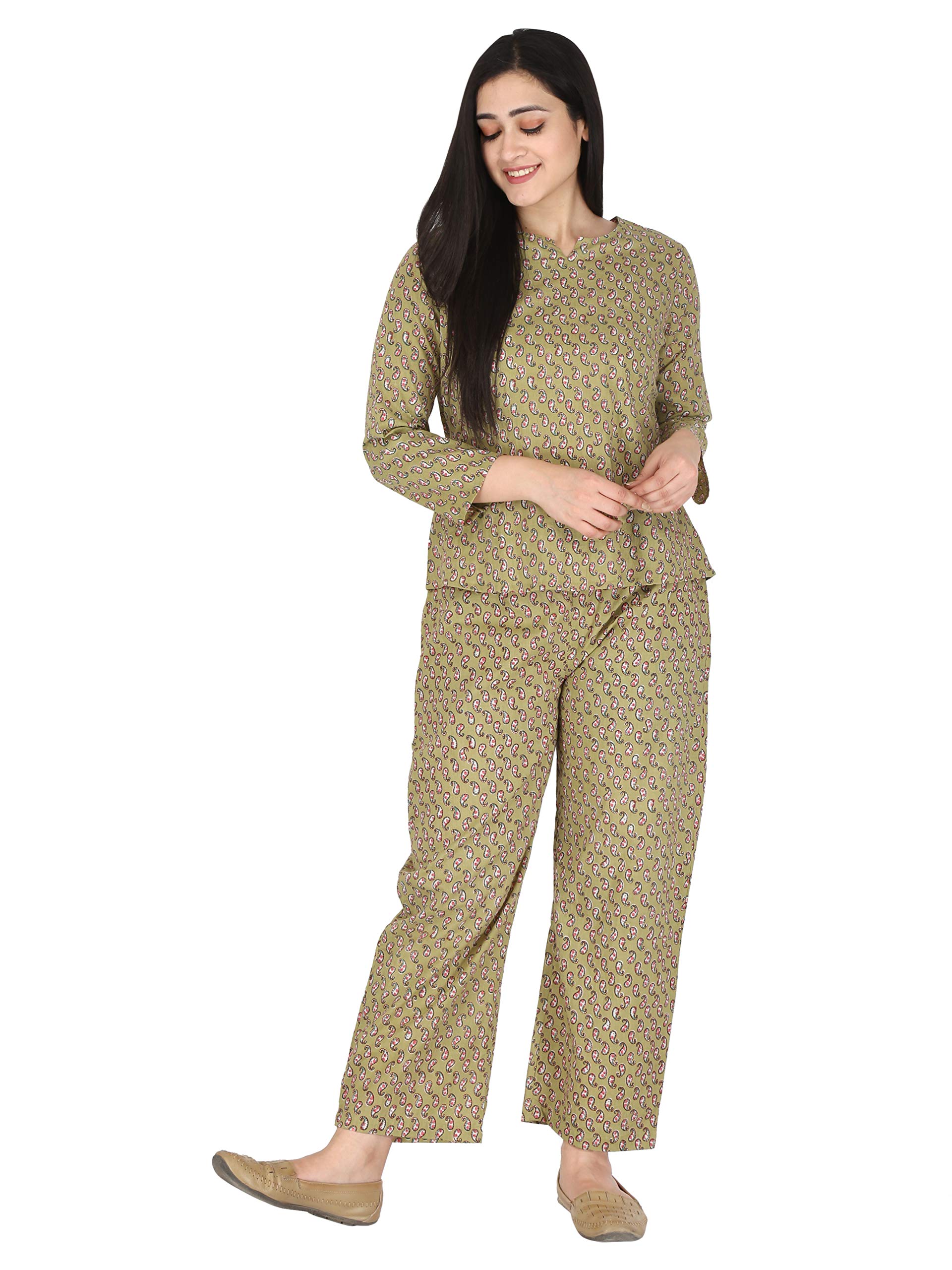 kannahi Women's or Girl's Cotton Paisley Full Length Night Wear/ Night Suit Set-picture-15