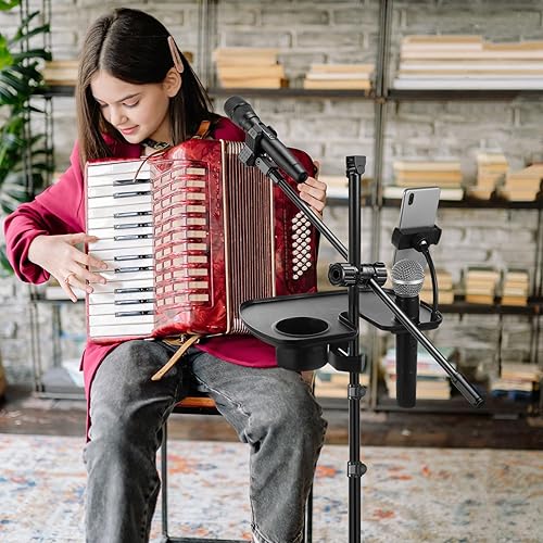 Miniatura 9 de Toyvian Bandeja universal para micrófono con soporte para bebidas, soporte de micrófono ajustable, soporte de teléfono para transmisión en vivo,