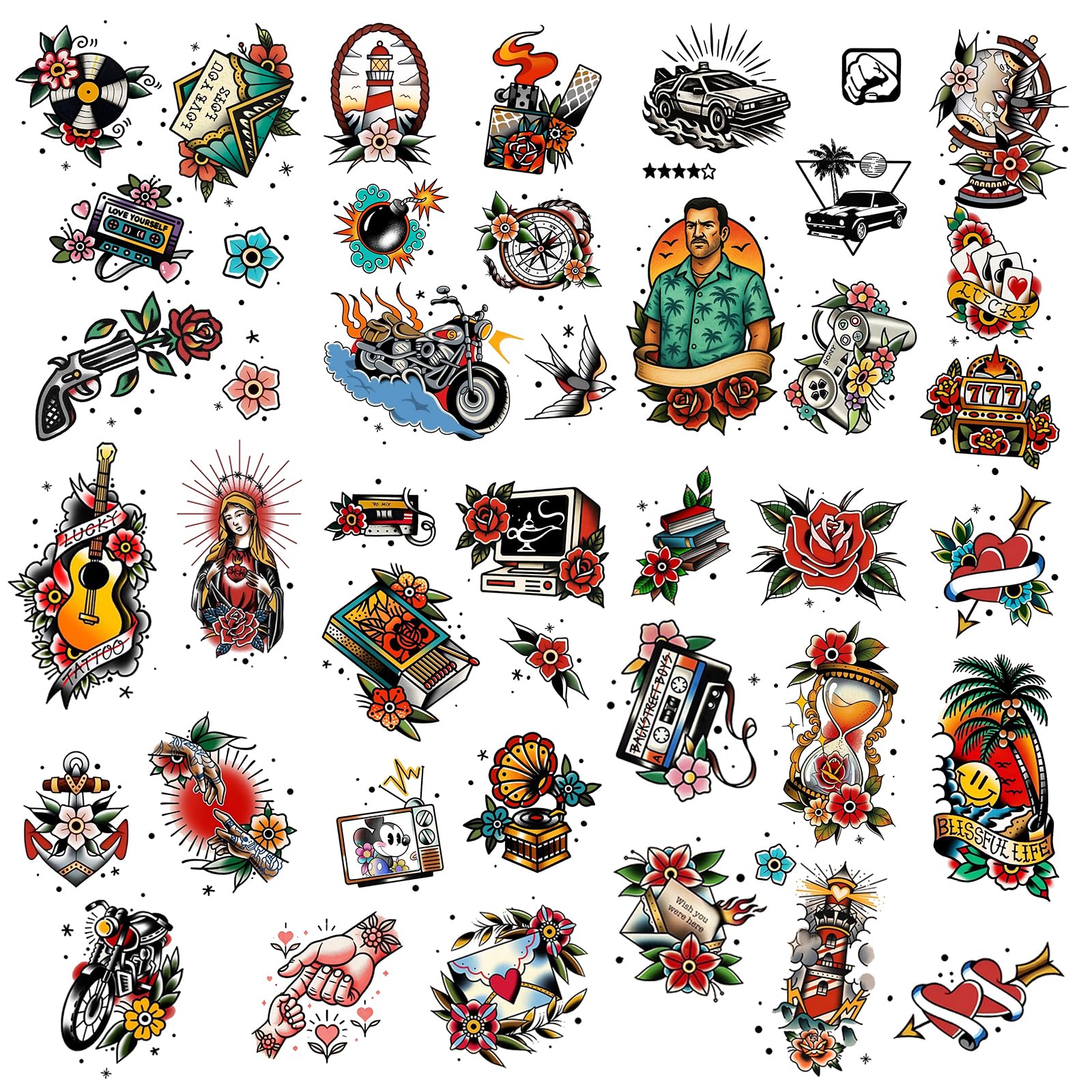 Classic Retro Waterproof Temporary Tattoos, 42 Pack, American Traditional Style Art, Long-Lasting 3-10 Days, Nostalgic Designs,temporary tattoos for adult and kids Classic Retro old school tattoo