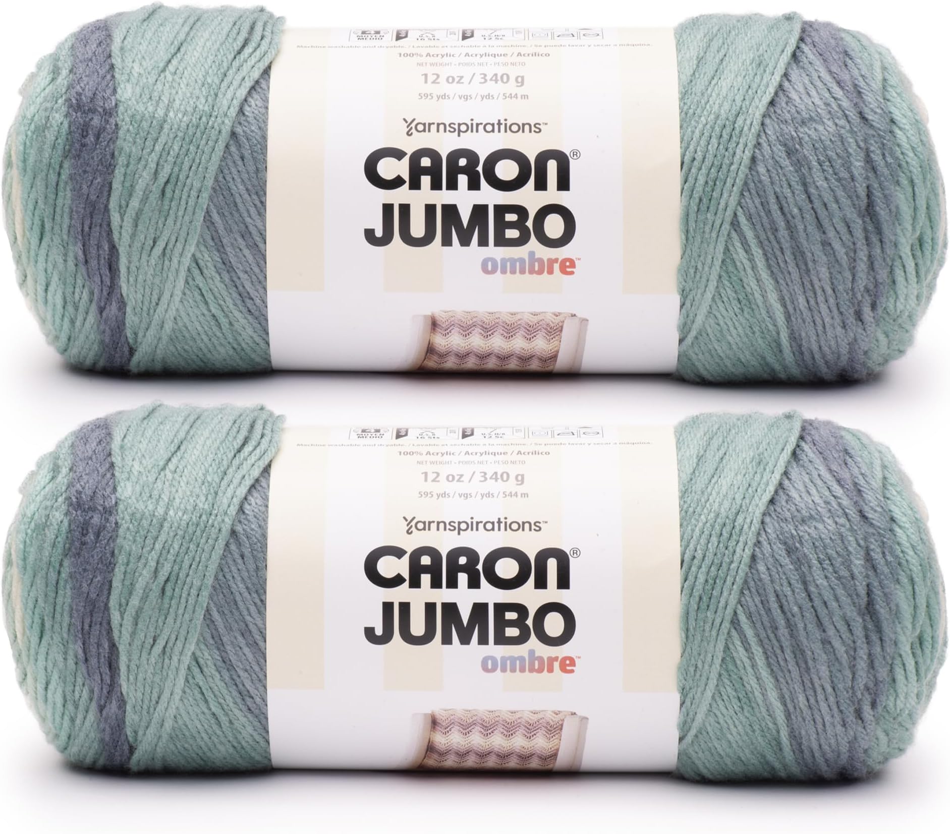CAR Jumbo Ombre White Water Yarn - 2 Pack of 340g/12 oz - 100% Acrylic - #4 Worsted (Medium) - 595 Yards - Knitting/Crochet