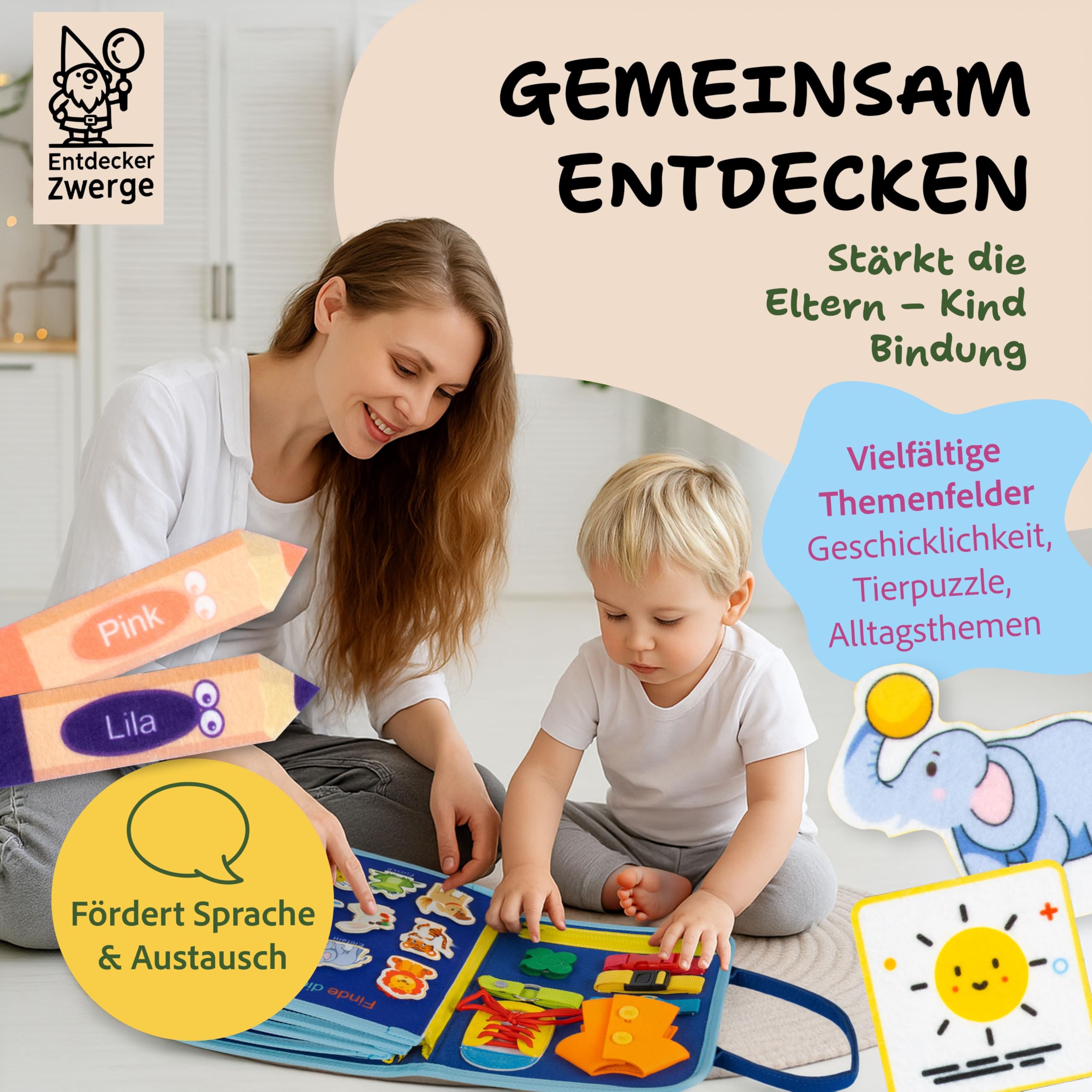 Montessori Busy Board ab 3 Jahre - Lernspielzeug mit deutschen Inhalten - Busy Book mit 25 Aktivitäten - Motorikspielzeug - Activity Board für Kinder - Reisespiel - in Geschenkbox