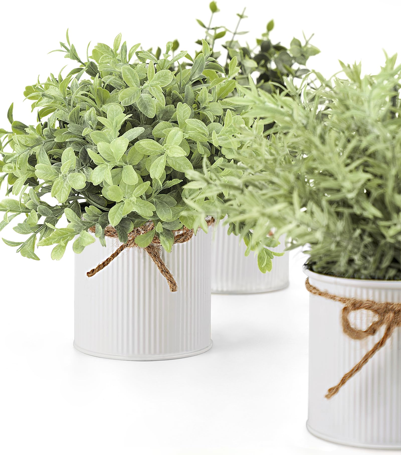 Mkono 7 paquetes de plantas falsas pequeñas en macetas galvanizadas de granja, centro de mesa, mini plantas artificiales en maceta, eucalipto sintético para estantes, oficina, decoración rústica del