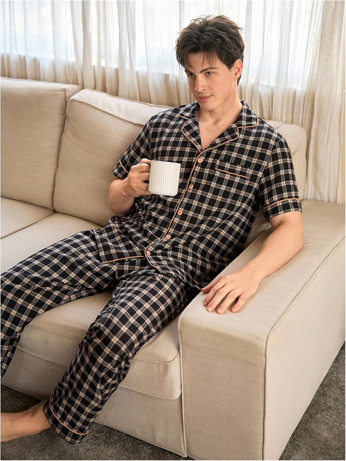 WDIRARA Men's Plaid Pajama Set Short Sleeve Button Down Pants Pjs Set 2 Piece Sleepwear - Image 3