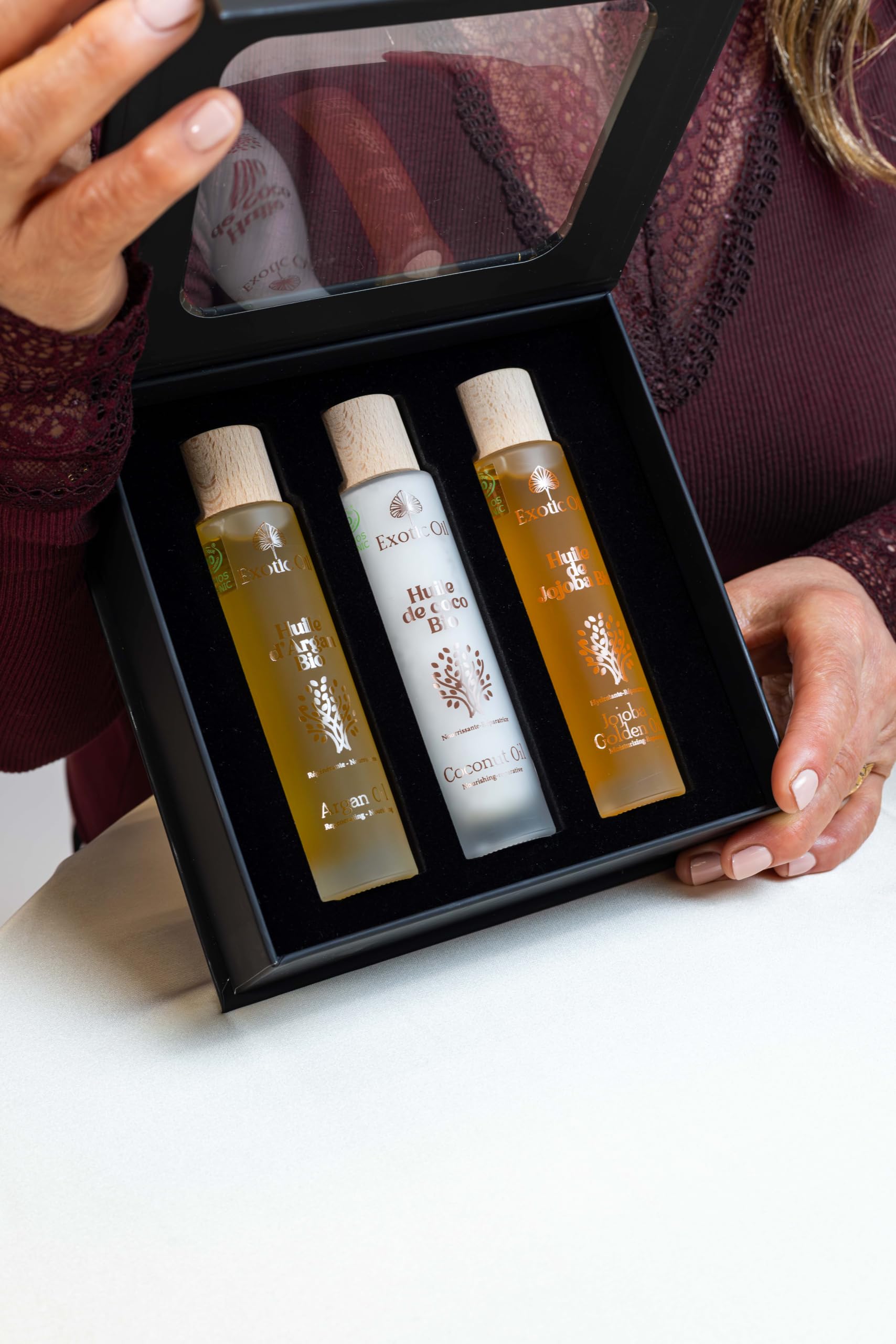 Coffret Cadeau Femme Bio – 3 Huiles Végétales Certifiées COSMOS ORGANIC – Argan, Coco, Jojoba Golden – Soin Visage Corps Cheveux – Pressées à Froid – 3 x 50 ml