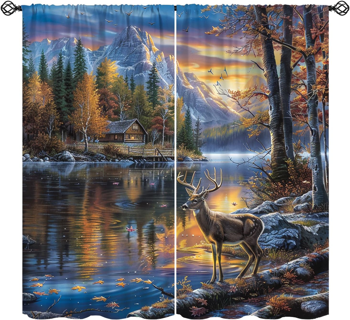 Wildlife Deer Blackout Curtains Forest House Lake Mountain Landscape with Forest Oil Painting Window Treatments for Girls Boy Bedroom Living Room Home Decor Window Drapes 42" W X 54" L