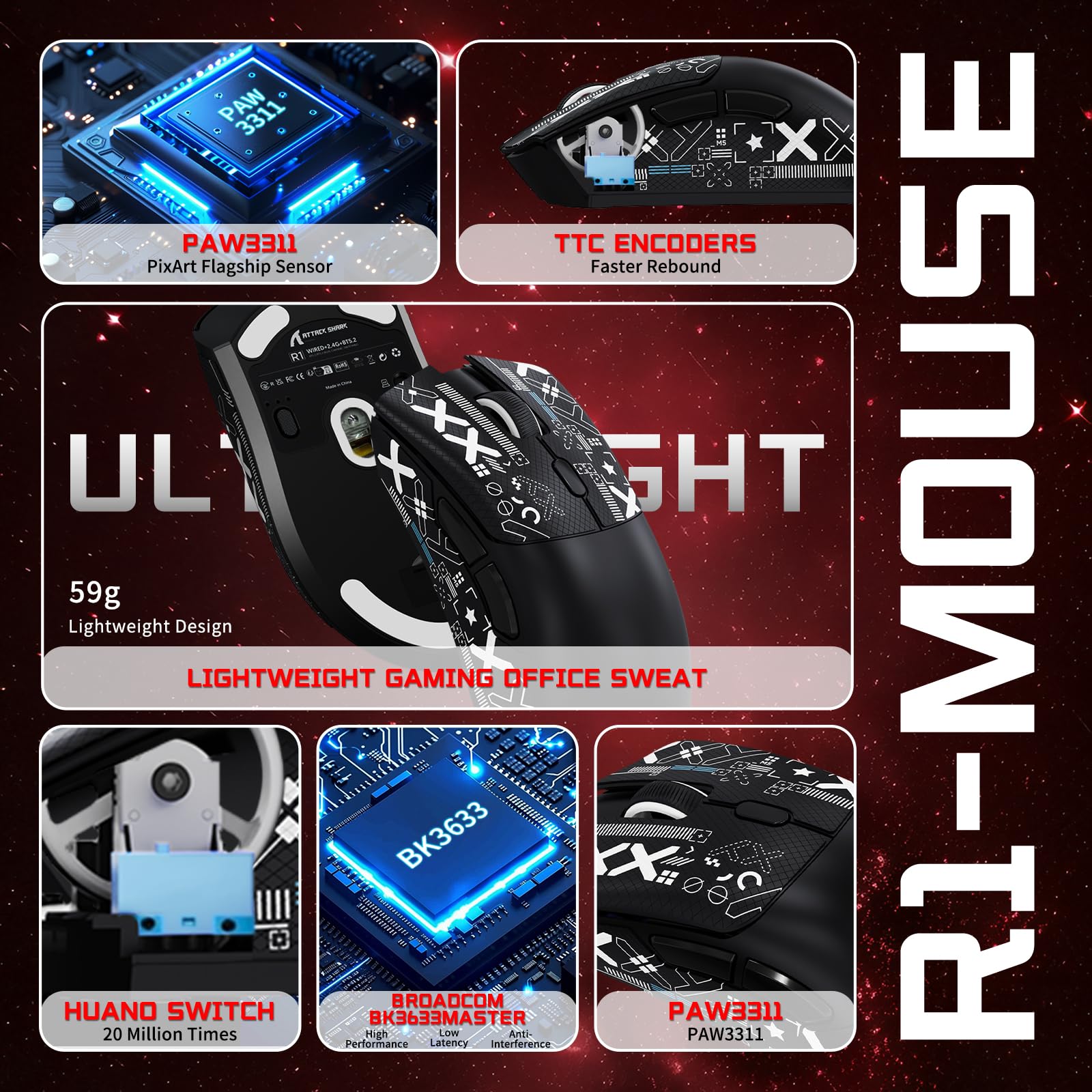 ATTACK SHARK Combo Tastiera & Mouse Gaming, X65 HE Tastiera Magnetica Cablate e R1 Mouse Wireless 59g Superleggero (8000Hz, RT 0,01mm, RGB, Batteria 65h) - Nero