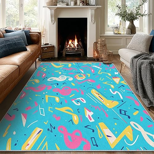 Miniatura 3 de Alfombra retro con notas musicales, 4 x 4, alfombra de área abstracta de los años 70, lavable, moderna y contemporánea, alfombra para decoración del