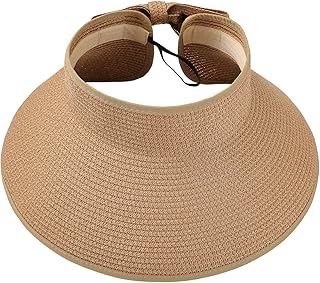 Surblue Straw Visor Hat for Women Wide Brim Roll Up Ponytail Summer Beach Hat Foldable Sun Hat UV UPF Packable Foldable Travel, Coffee