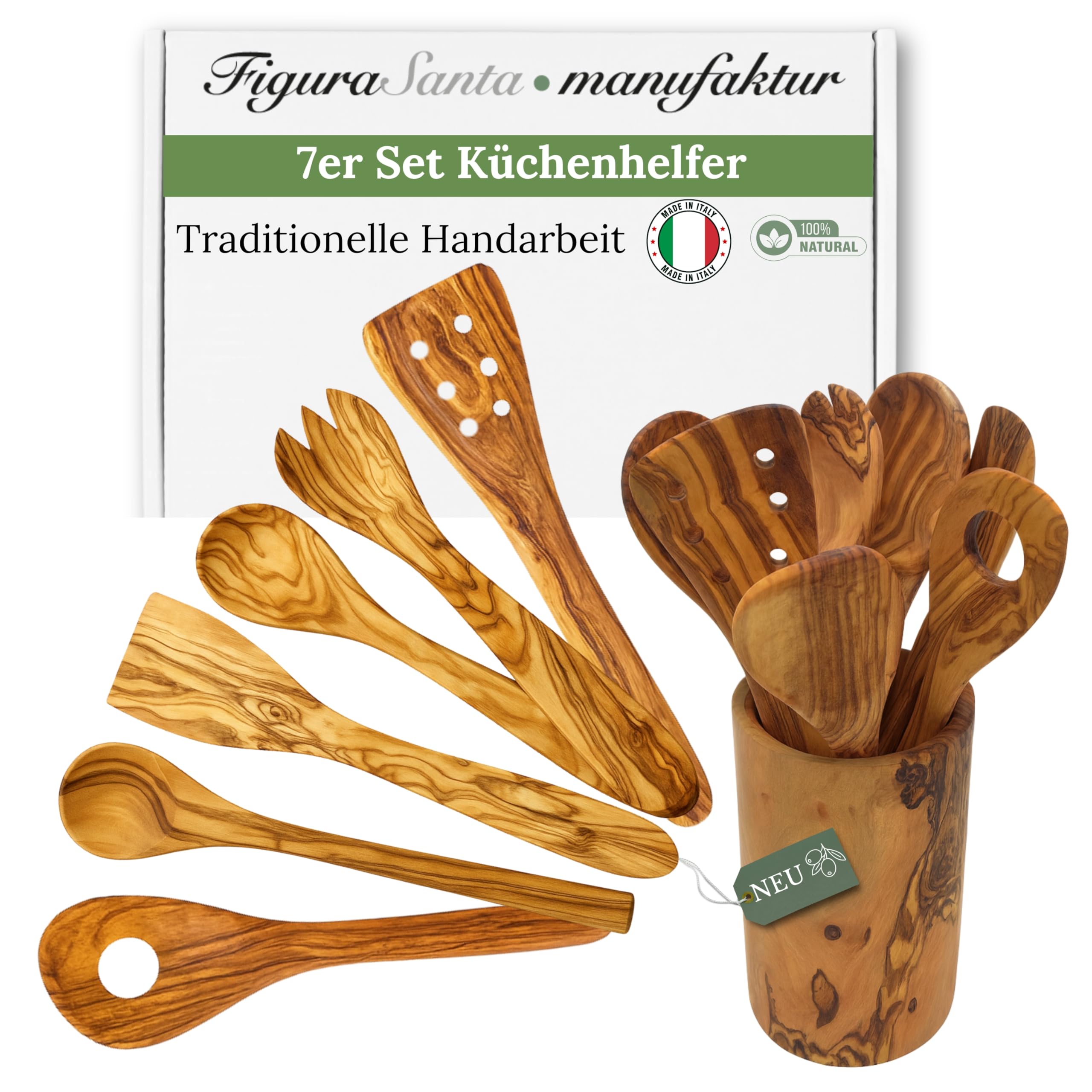 Küchenhelfer-Set mit Utensilienbecher, 7-teilig, Olivenholz, Küchenutensilien inkl. Salatbesteck, Pfannenwender, Kochlöffel, Risottolöffel, 30 cm