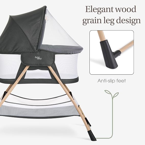 Evolur Cozy Dreamer Bassinet Portable Baby Bassinet with Canopy, High-Density Mesh Over & Comfort Toys, Foldable Lightweight Travel Bassinet for Newborn Black