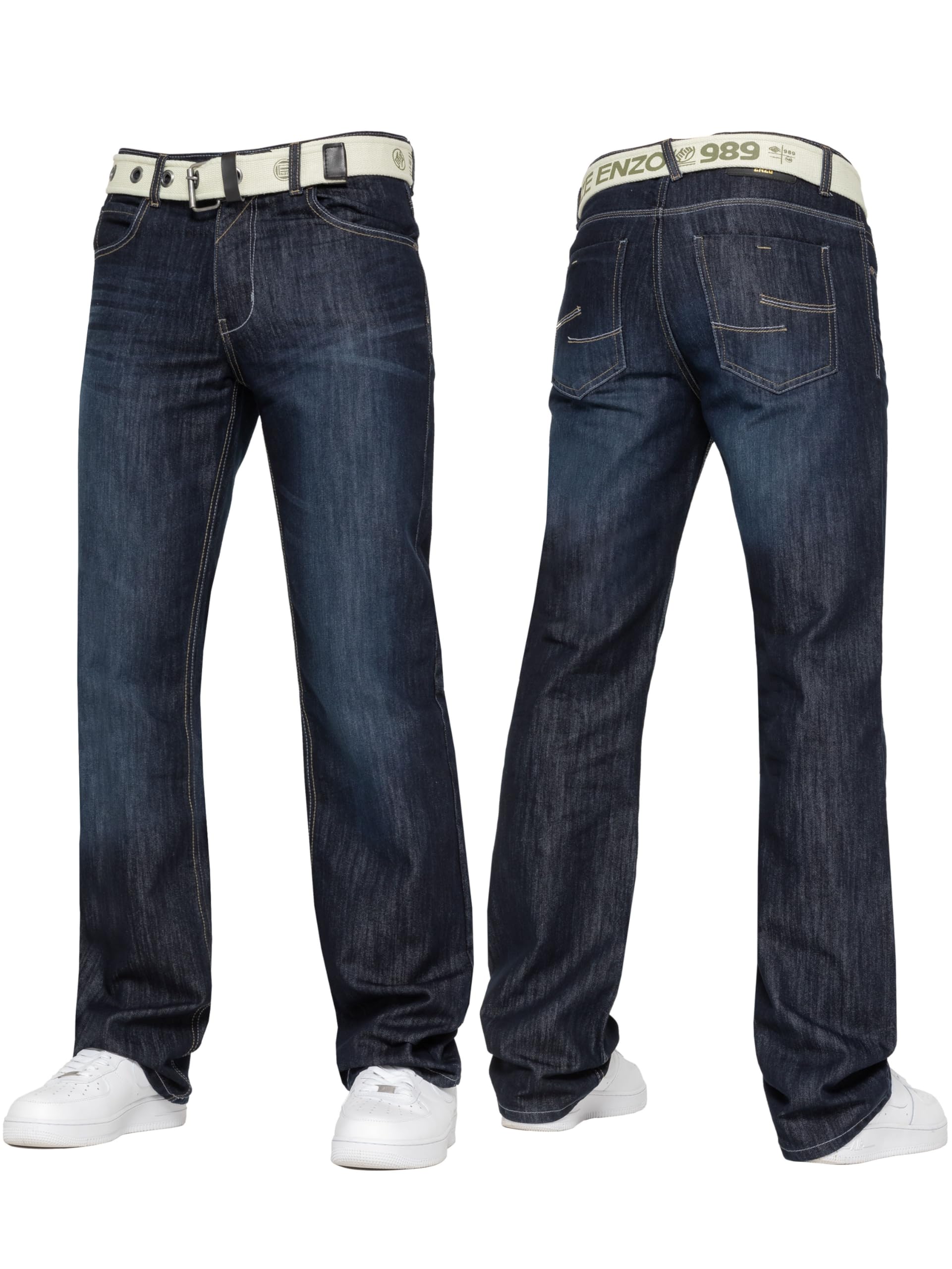 989Zé Enzo Men's Dark Blue Denim Straight Leg Jeans Trousers Regular Fit Stylish Fashion All Waist Sizes Free Belts Ez14 Darkwash 36W / 32L
