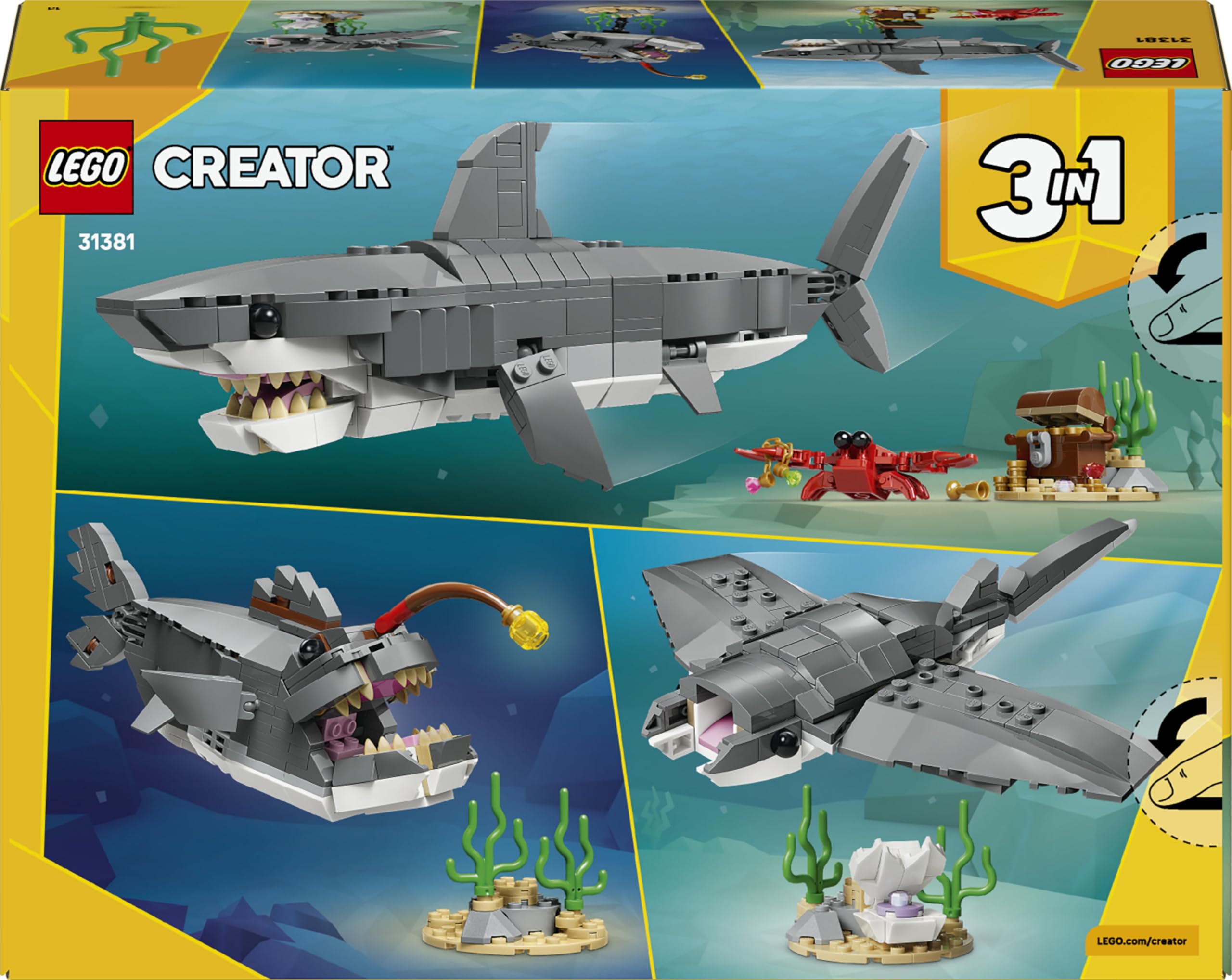 LEGO Creator 3 in 1 Squalo con Scrigno del Tesoro Giocattolo - Animale Marino Trasformabile in Rana Pescatrice o Manta - Decorazione Camera da Letto - Regalo per Bambini e Bambine da 8 Anni - 31381